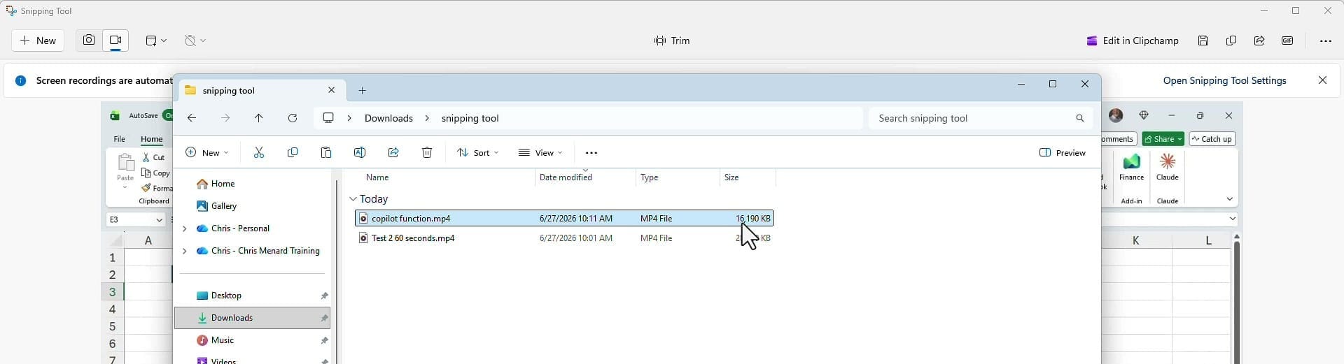 File Explorer showing the saved Snipping Tool recording as a 16 MB MP4 file
