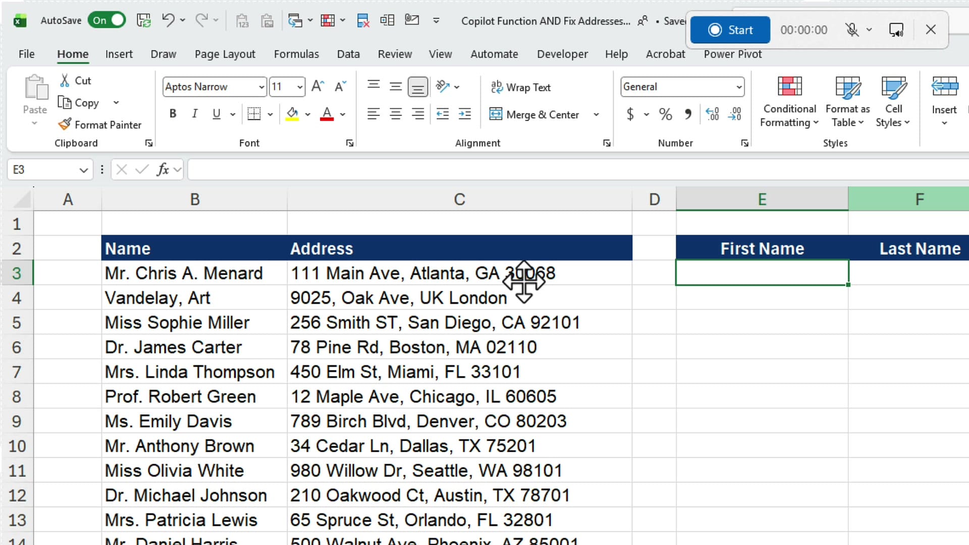 Excel on screen with the Snipping Tool recording toolbar docked at the top