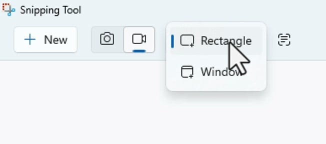 Snipping Tool area dropdown showing Rectangle and Window recording options