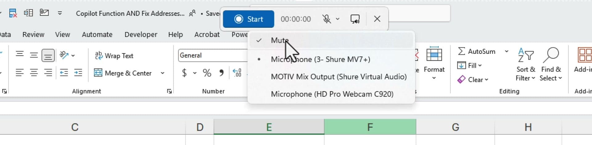 Snipping Tool microphone dropdown showing Mute and available microphone sources