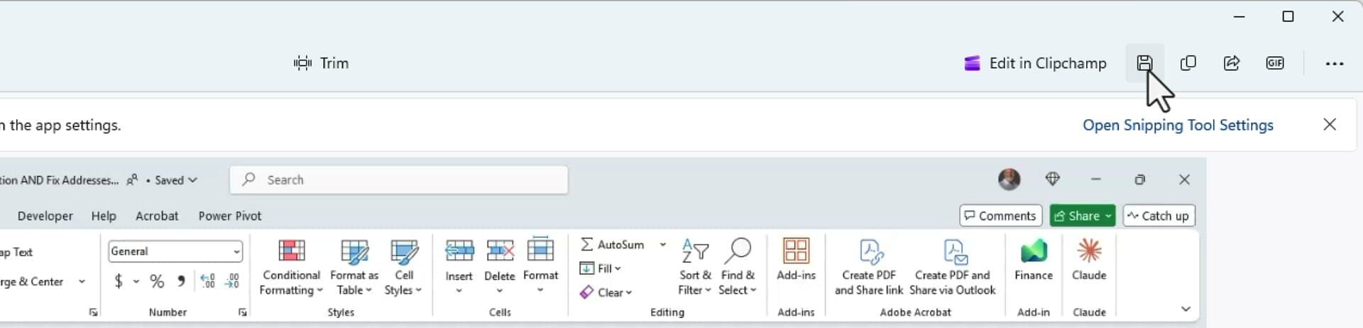 Snipping Tool recording editor showing Trim, Edit in Clipchamp, and Save options