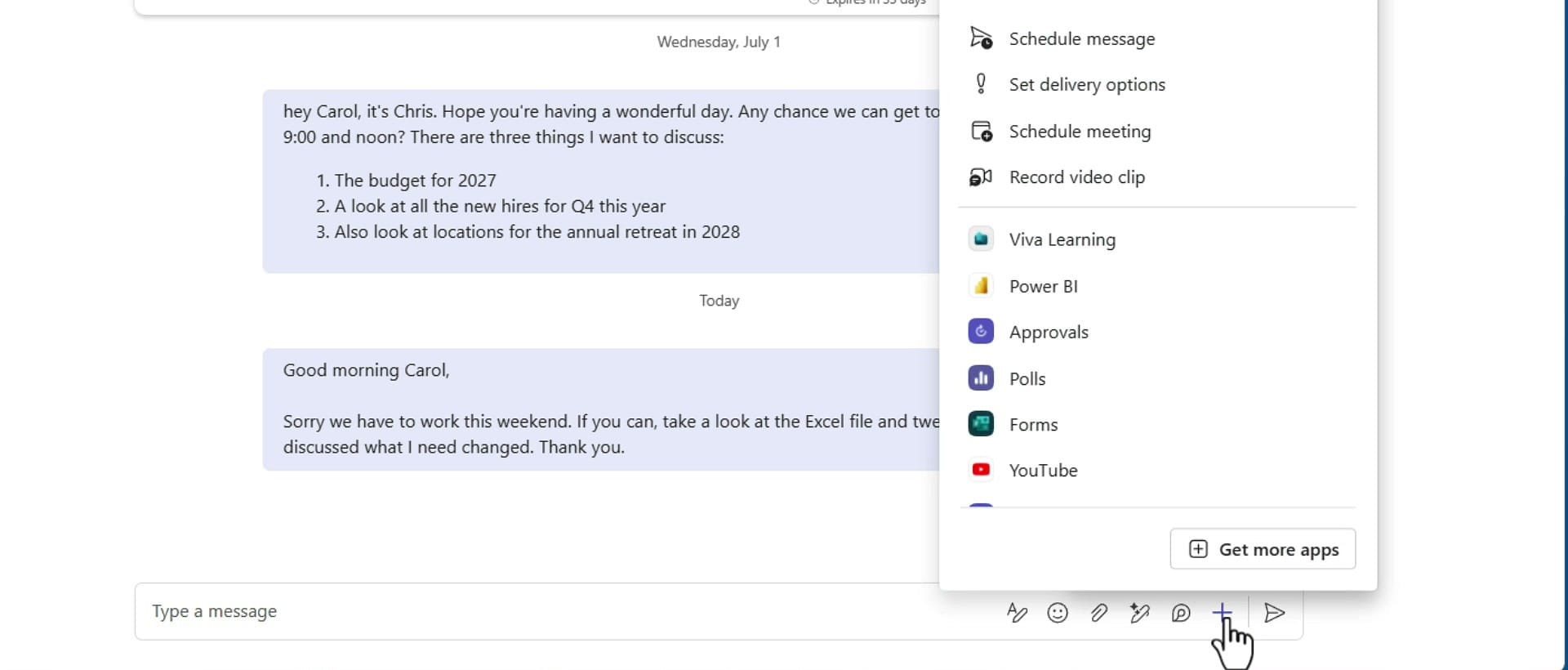 The Actions and apps menu open in a Microsoft Teams chat with Record video clip highlighted