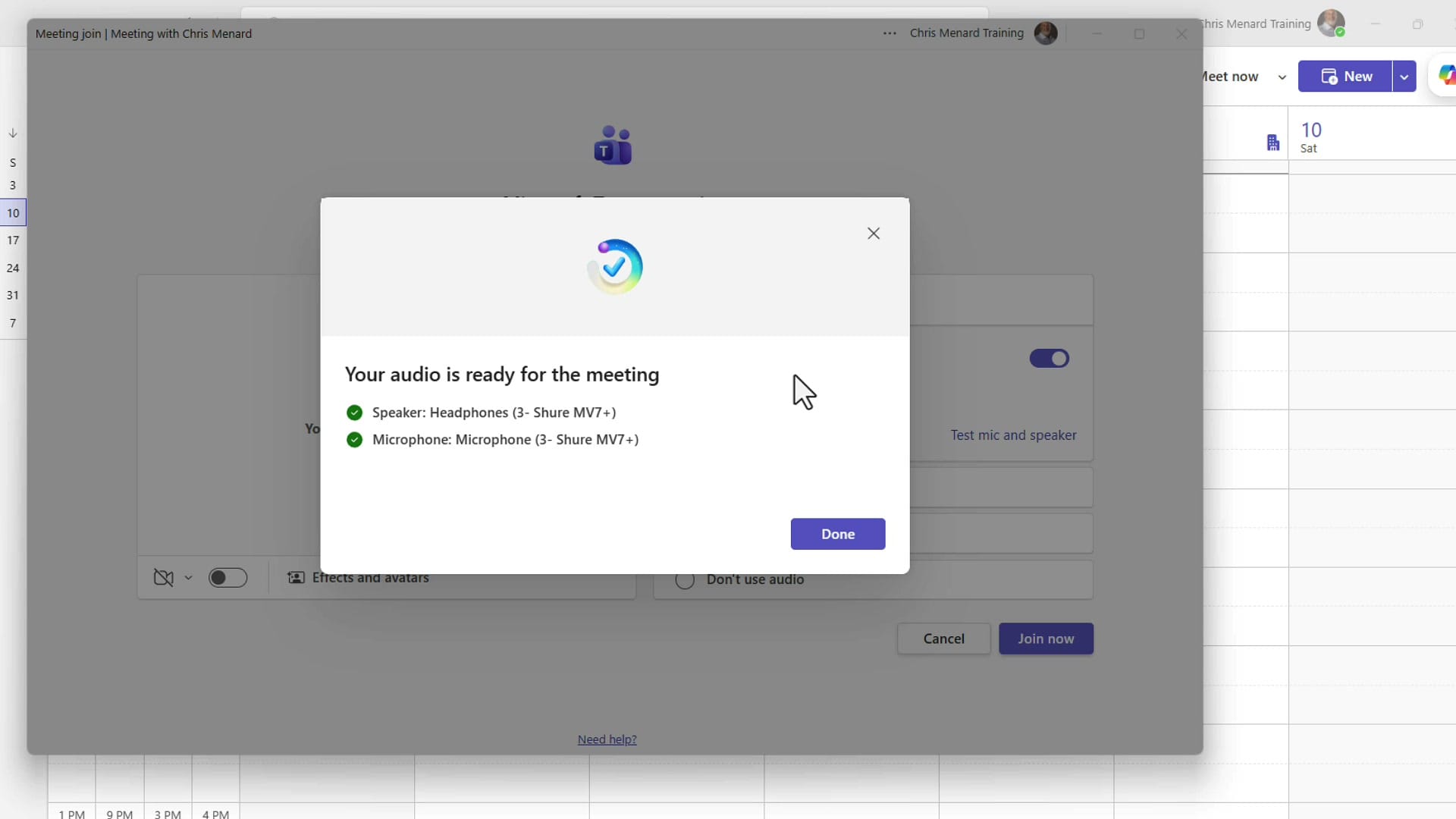 Teams confirmation screen showing Your audio is ready for the meeting with green checkmarks next to the speaker and microphone
