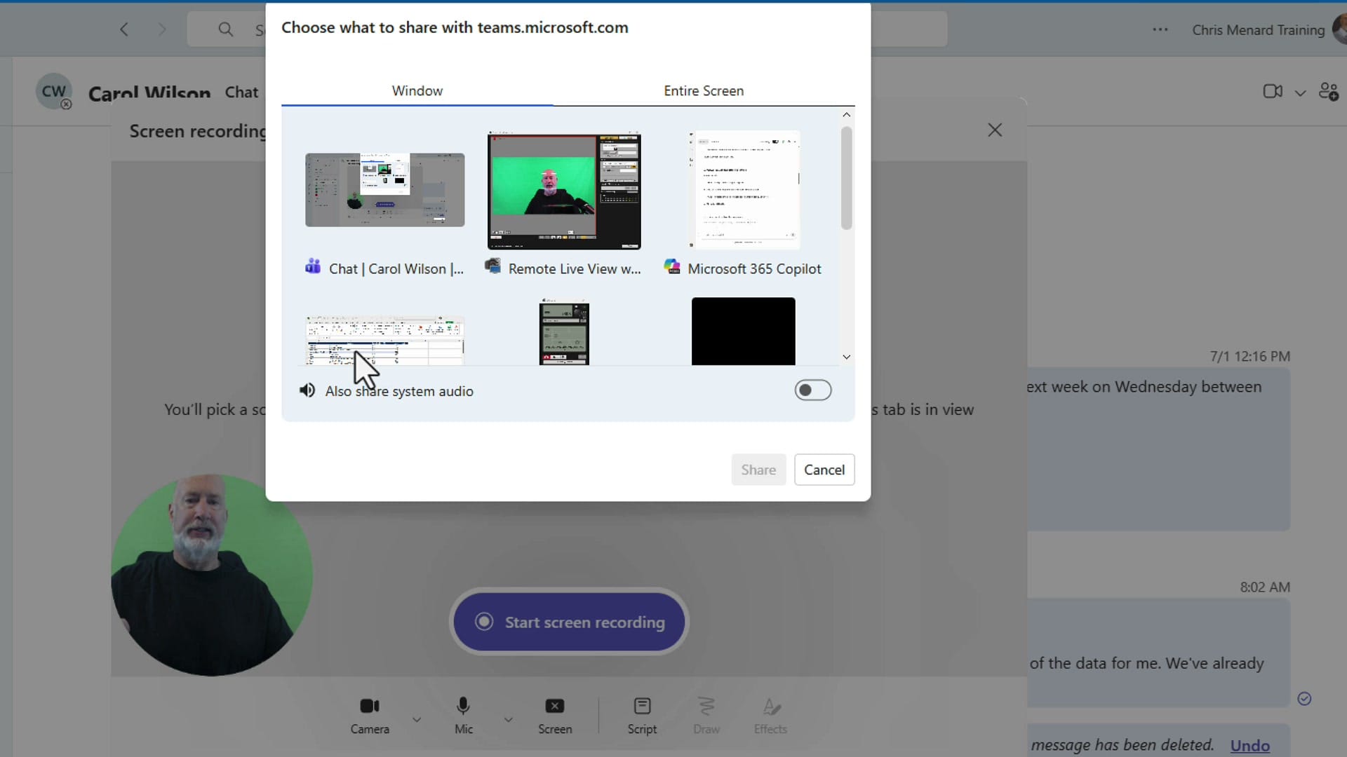 The Choose what to share dialog in Microsoft Teams with Window and Entire Screen tabs