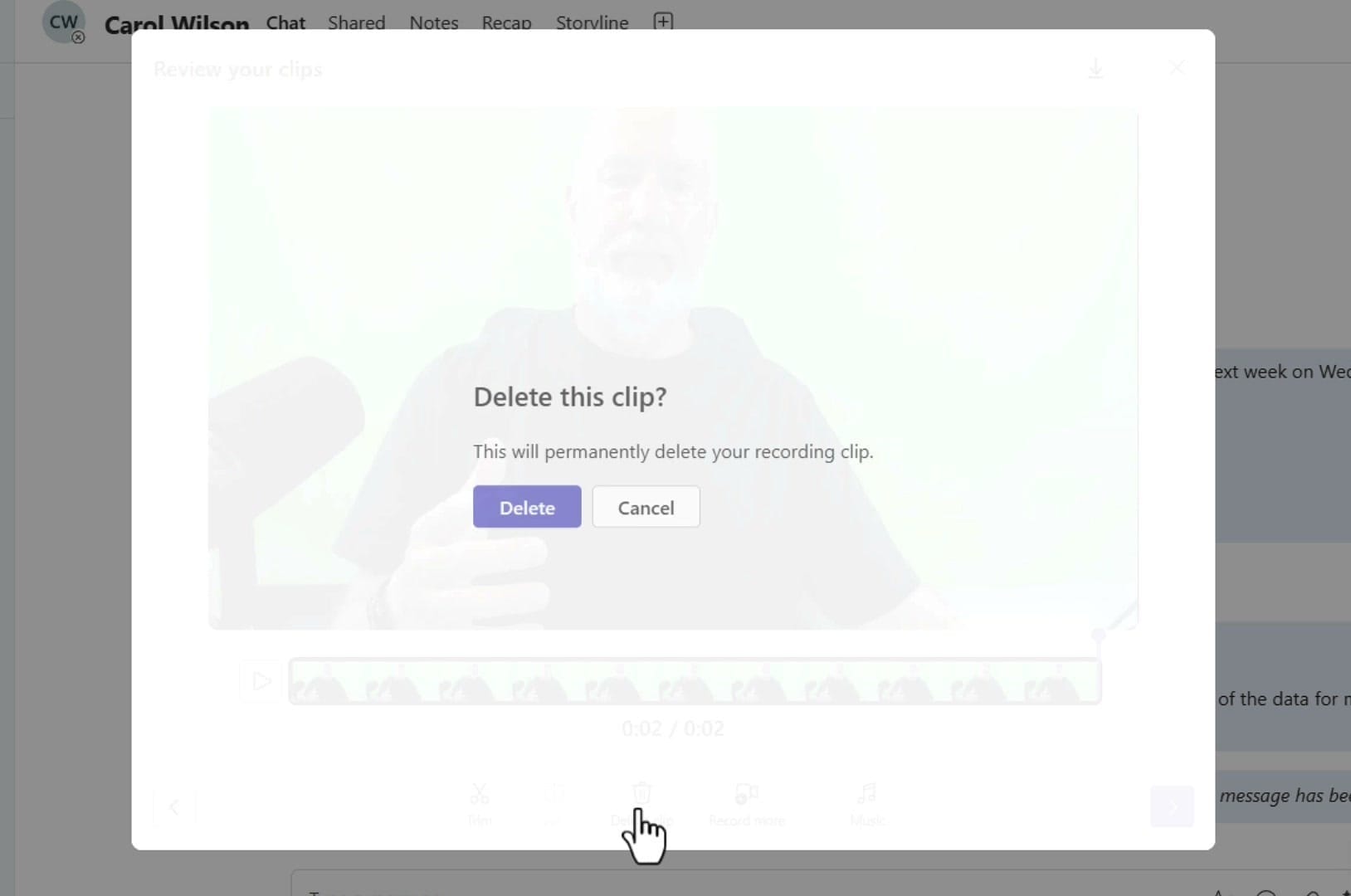 The Delete this clip confirmation dialog in Microsoft Teams warning the recording will be permanently deleted
