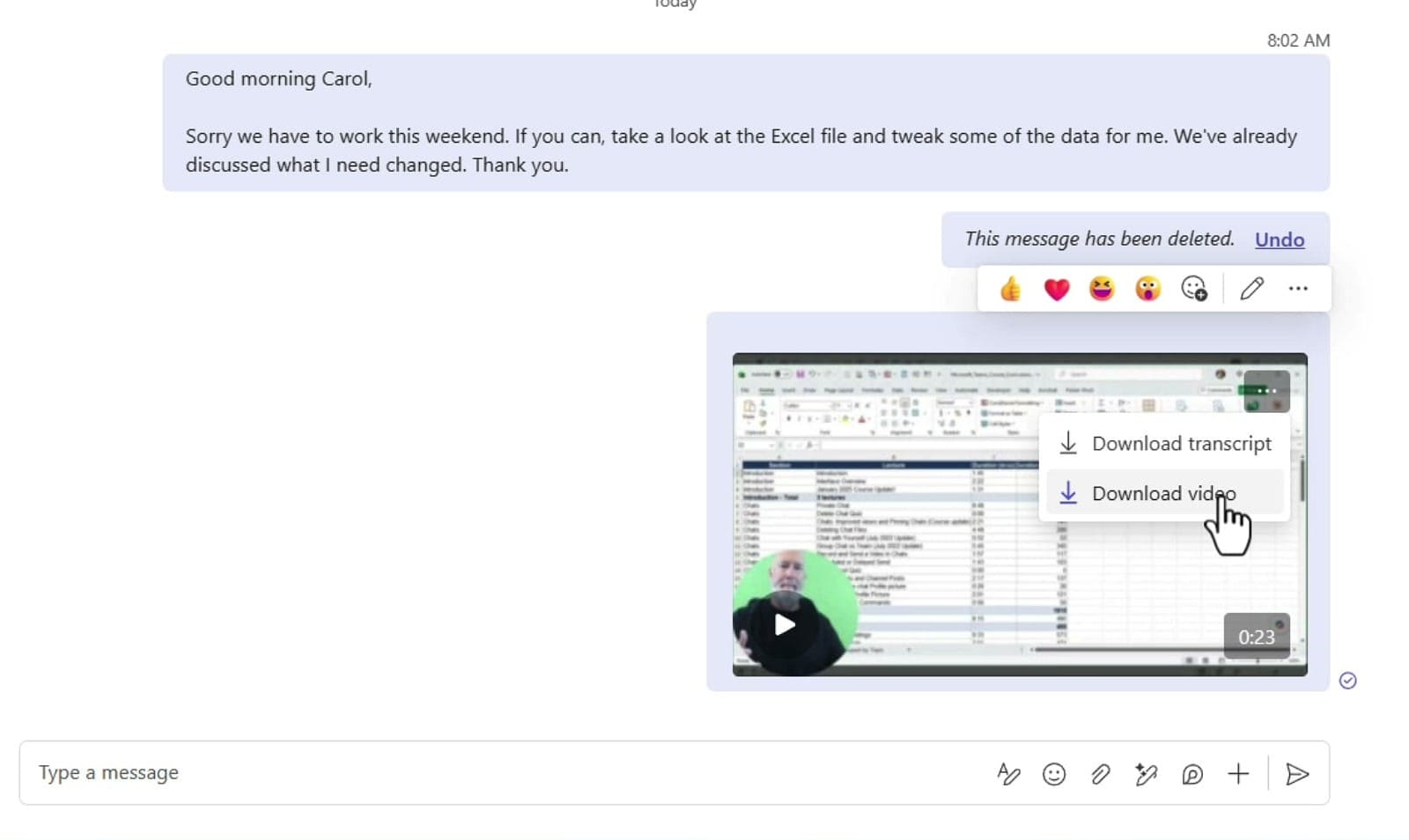 The Download transcript and Download video options on a sent Microsoft Teams video clip