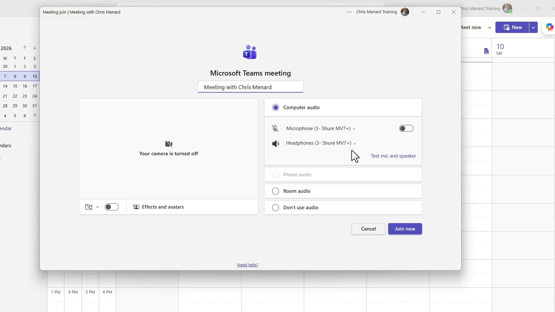Microsoft Teams pre-join screen with the Test mic and speaker link highlighted under the audio device settings