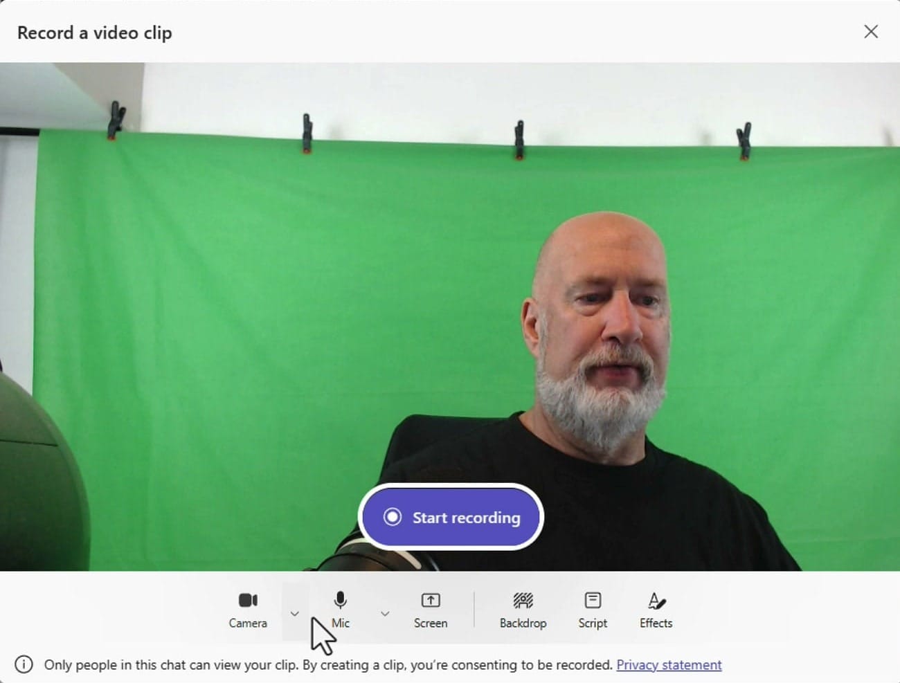 The Record a video clip window in Microsoft Teams showing Camera, Mic, Screen, Backdrop, Script, and Effects controls