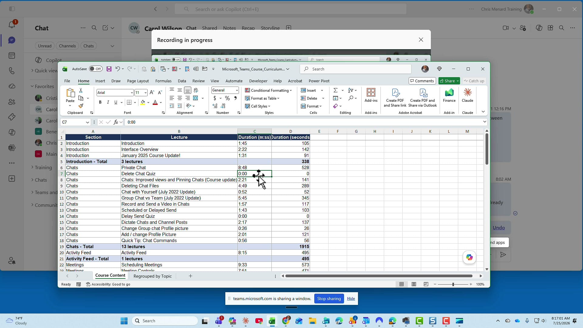 A Microsoft Teams screen recording in progress showing an Excel window and the Stop sharing bar