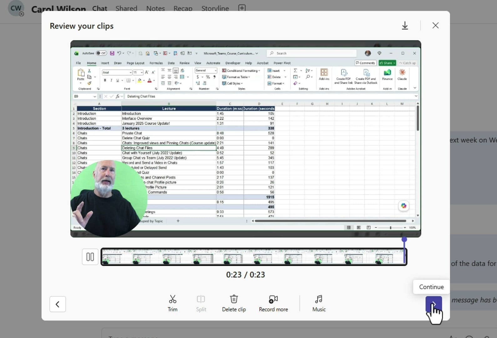 The Review your clips window with the download arrow in the top right and the Continue arrow on the right