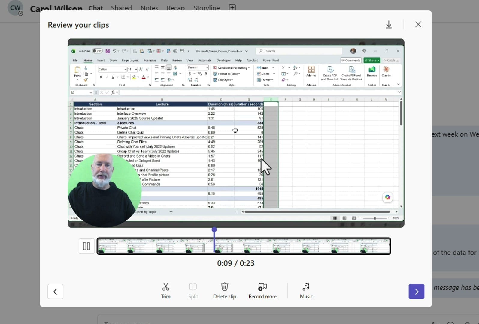 The Review your clips window in Microsoft Teams with Trim, Split, Delete clip, Record more, and Music options