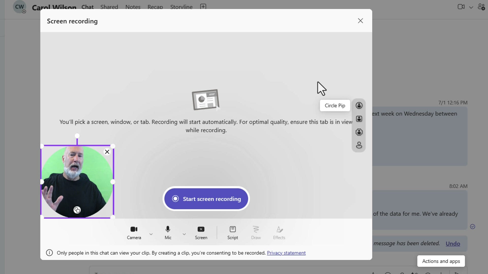 Microsoft Teams screen recording mode showing the camera bubble and the shape options including Circle Pip