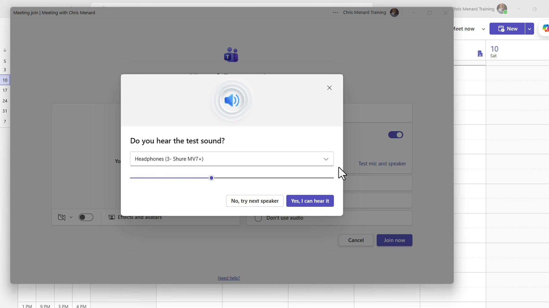 Teams speaker test dialog asking Do you hear the test sound with a device dropdown and Yes I can hear it button