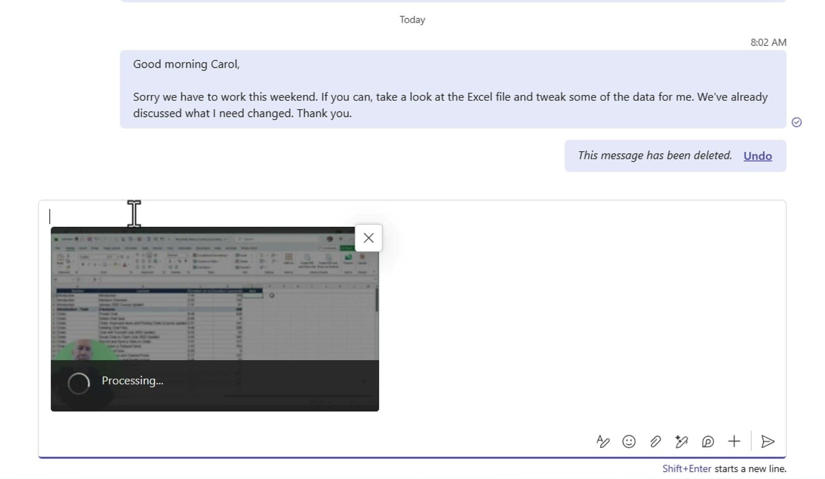 A Microsoft Teams chat compose box with a recorded video clip attached and processing