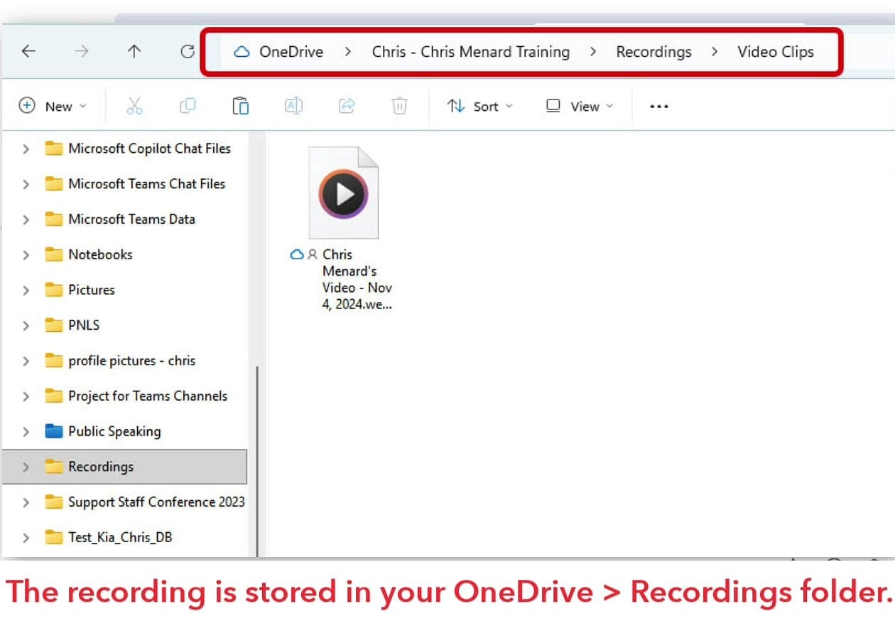 File Explorer showing the OneDrive Recordings Video Clips folder containing a Teams video clip