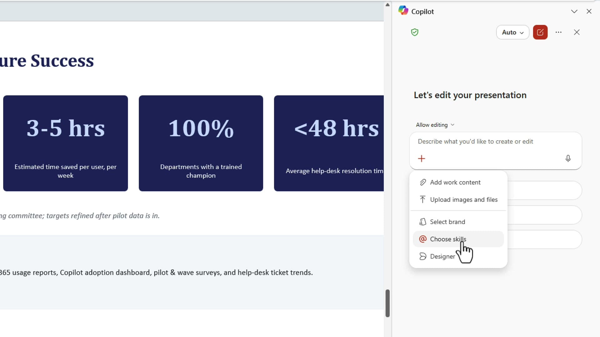 Copilot pane in PowerPoint with the plus menu open showing Choose skills