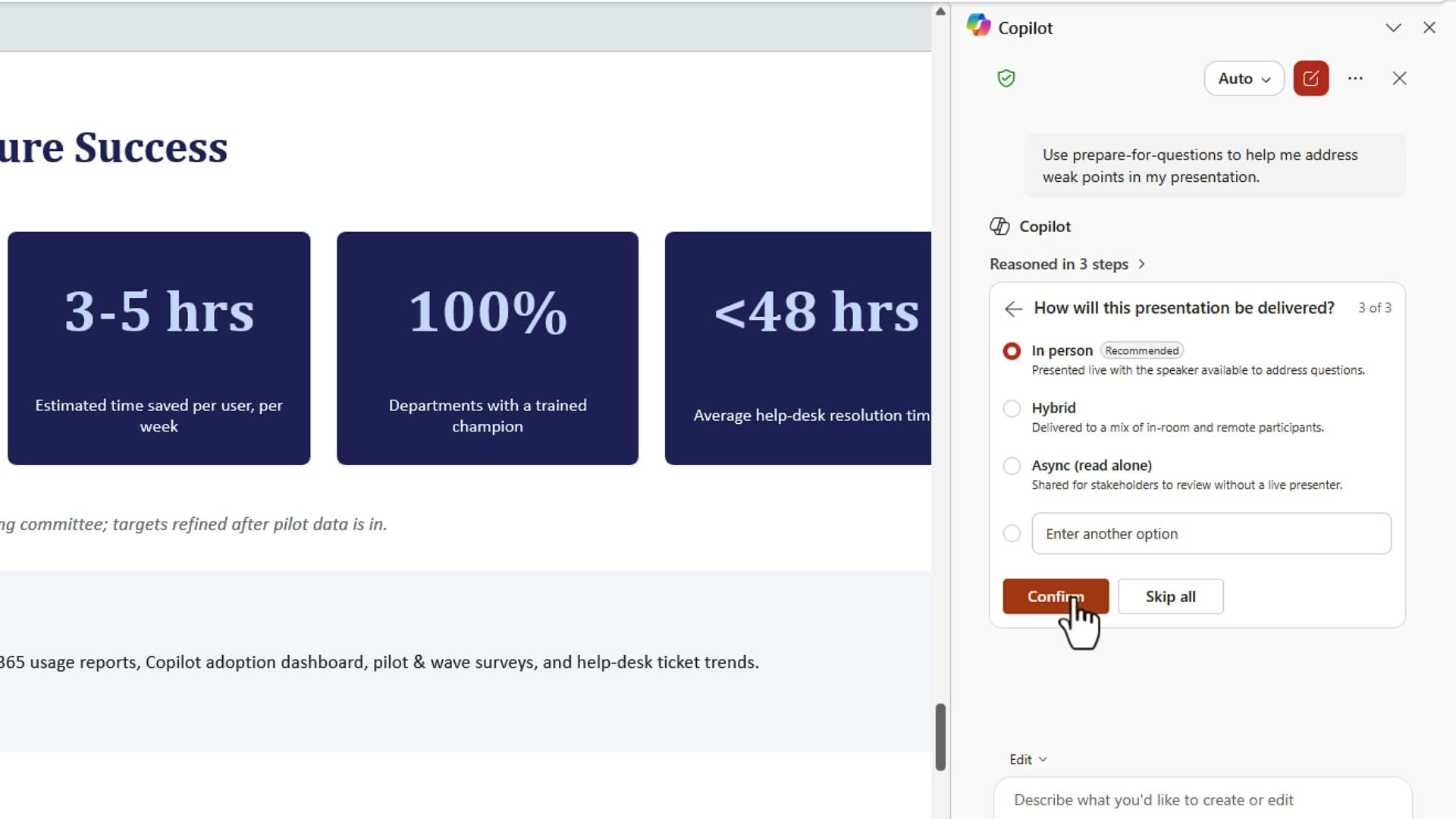 Copilot asking how the presentation will be delivered, with In person selected and a Confirm button