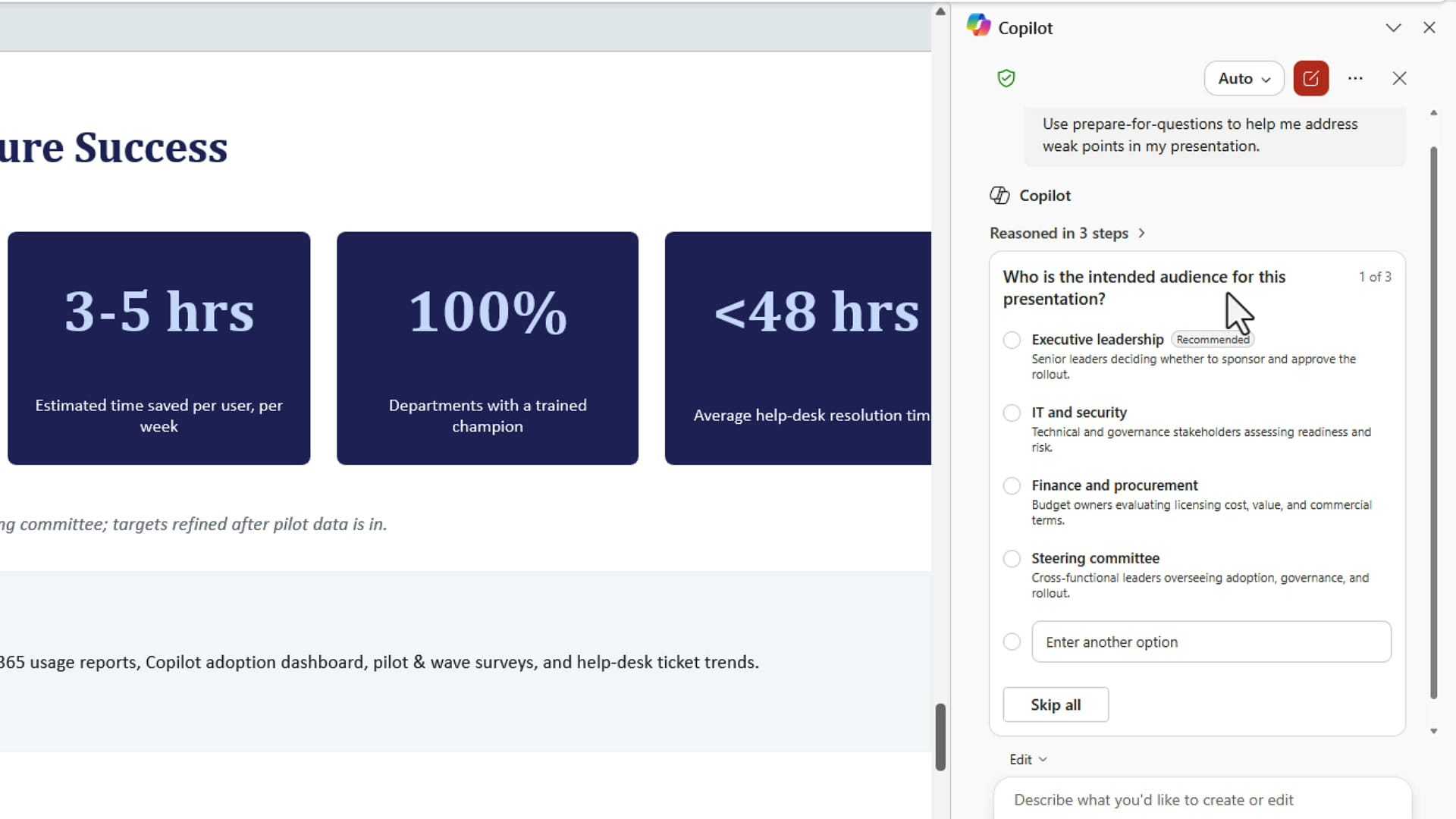 Copilot asking who the intended audience is, with four options and a recommended badge