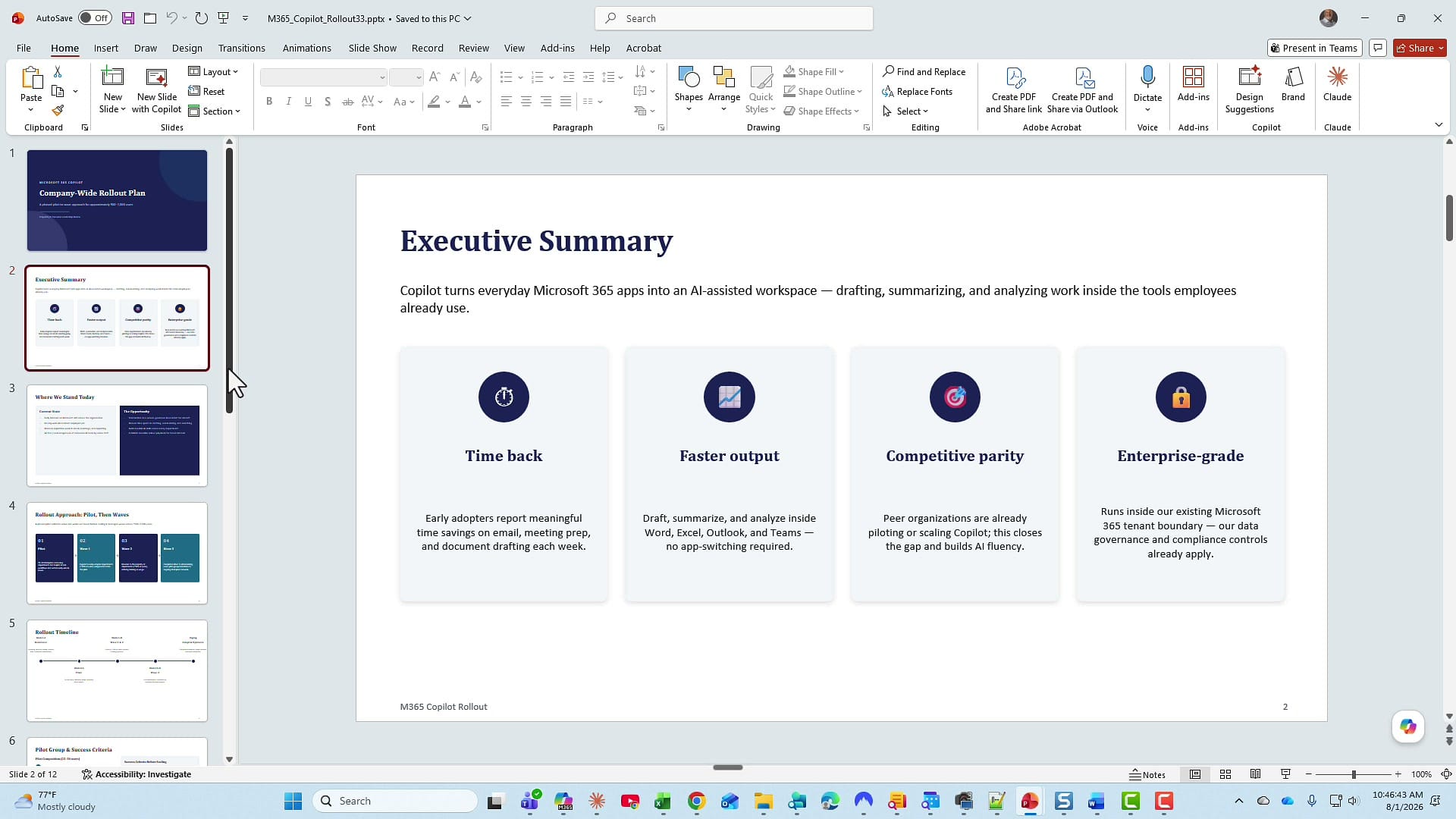 Executive Summary slide in a 12-slide Microsoft 365 rollout PowerPoint deck