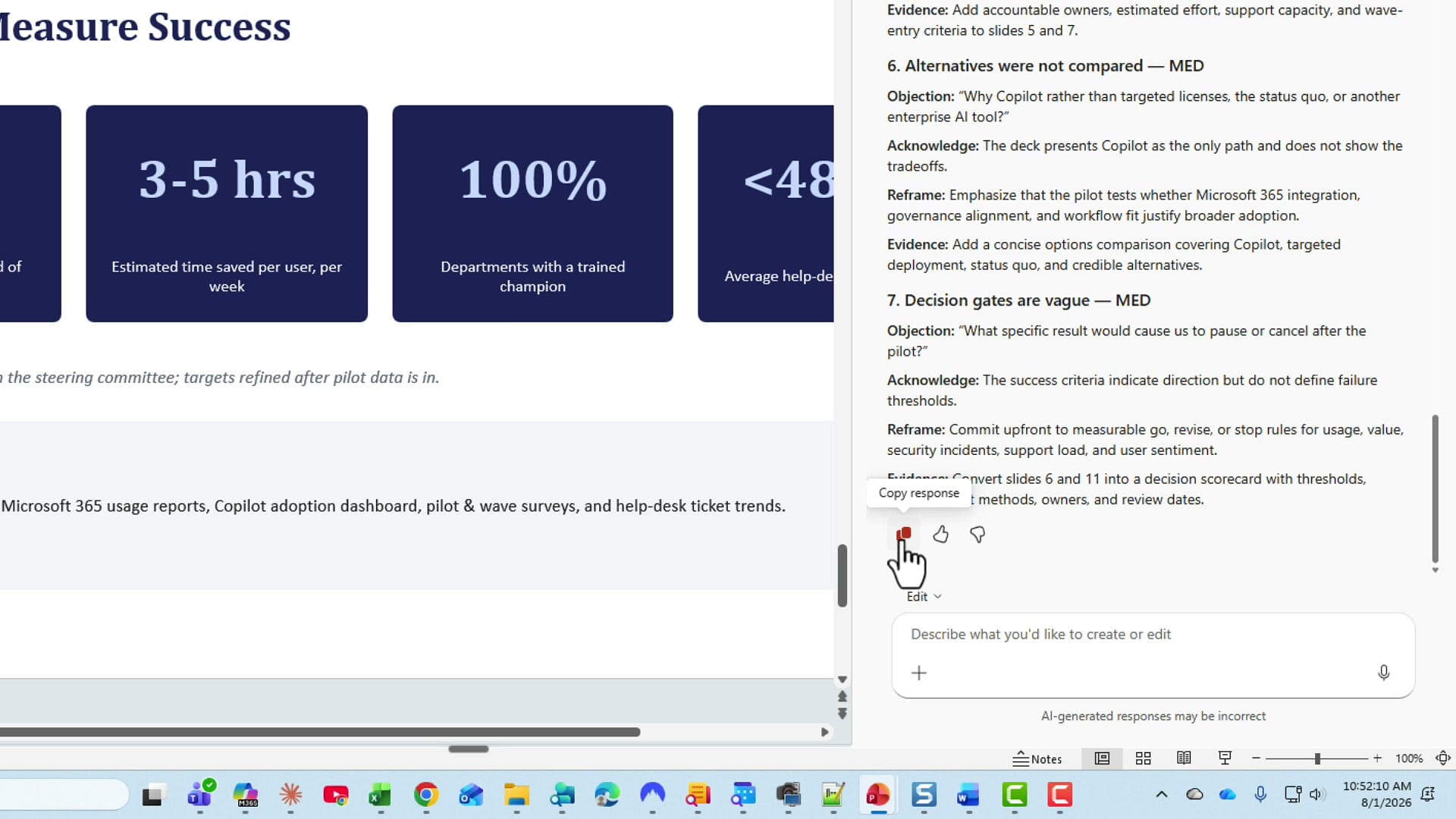 Copilot medium-priority objections in PowerPoint with the Copy response button highlighted