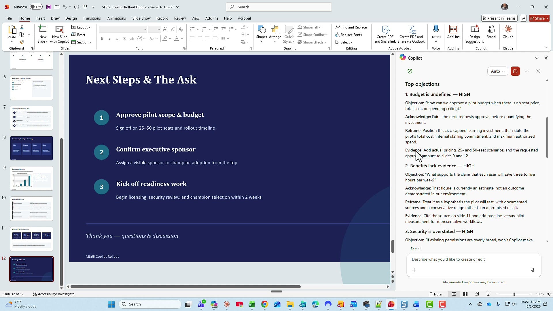 PowerPoint slide 12 Next Steps and The Ask requesting sign-off on 25 to 50 pilot seats