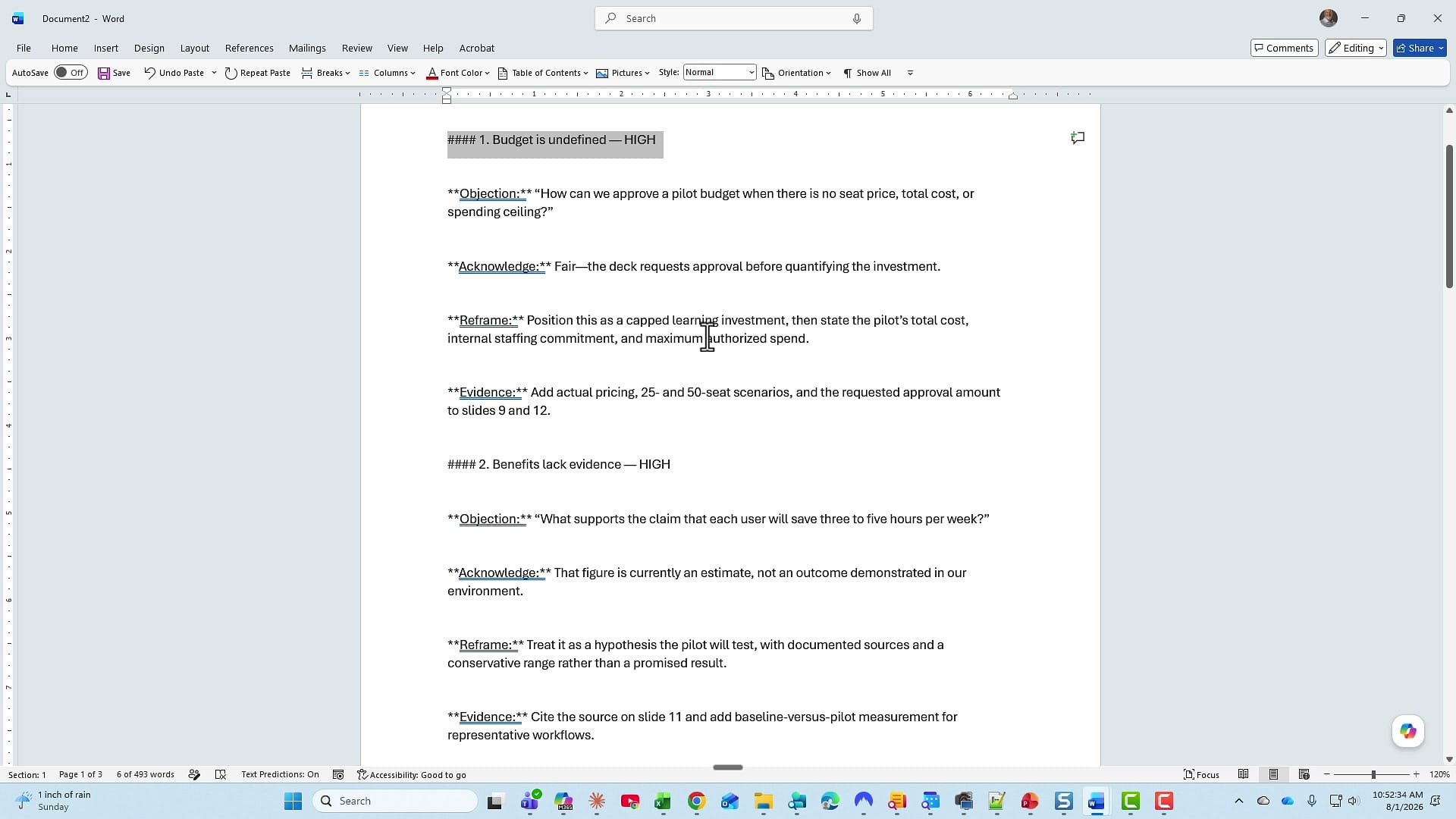 Copilot's prepare for questions response pasted into a blank Word document