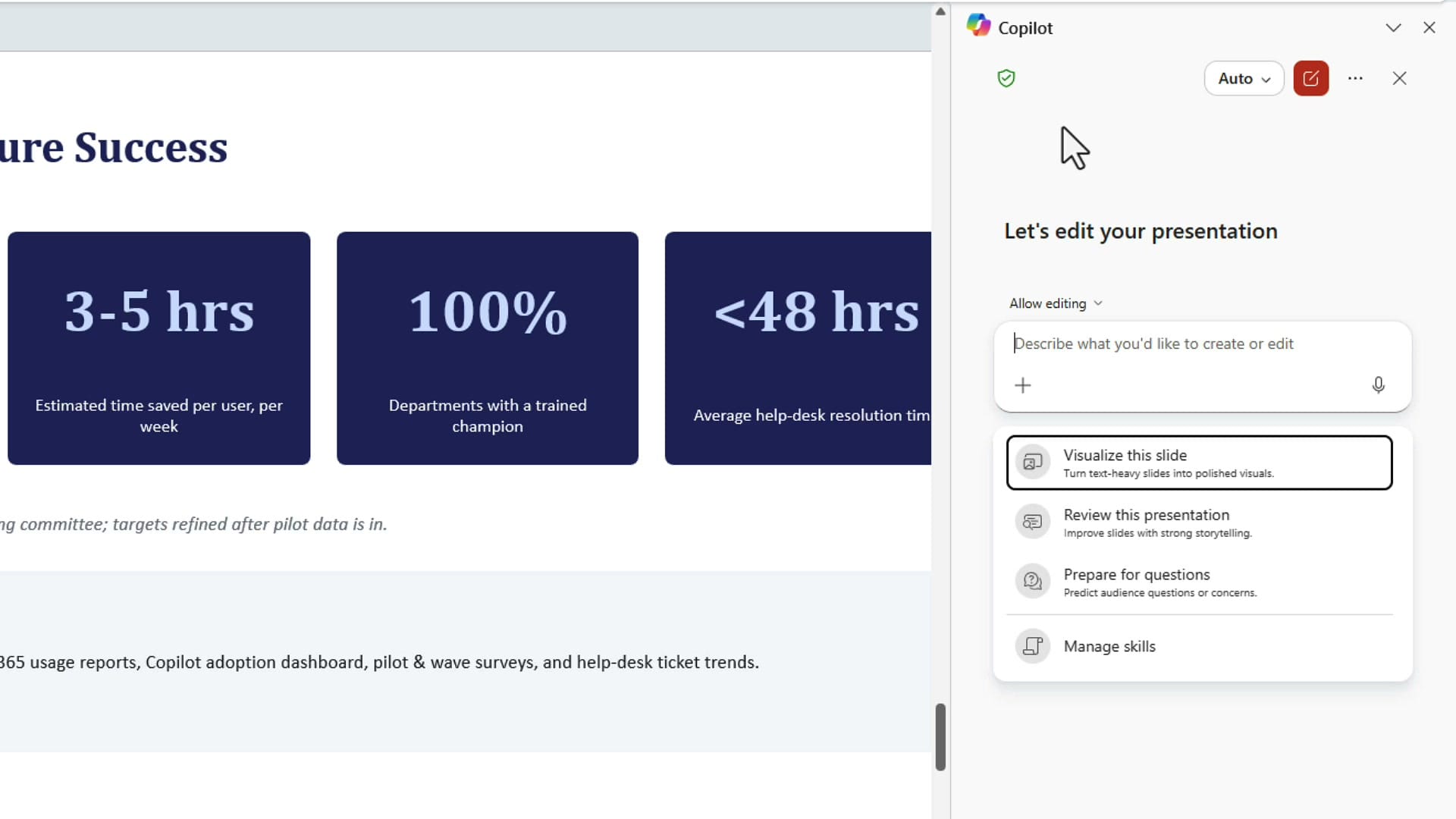 Three Copilot skills in PowerPoint: Visualize this slide, Review this presentation, Prepare for questions