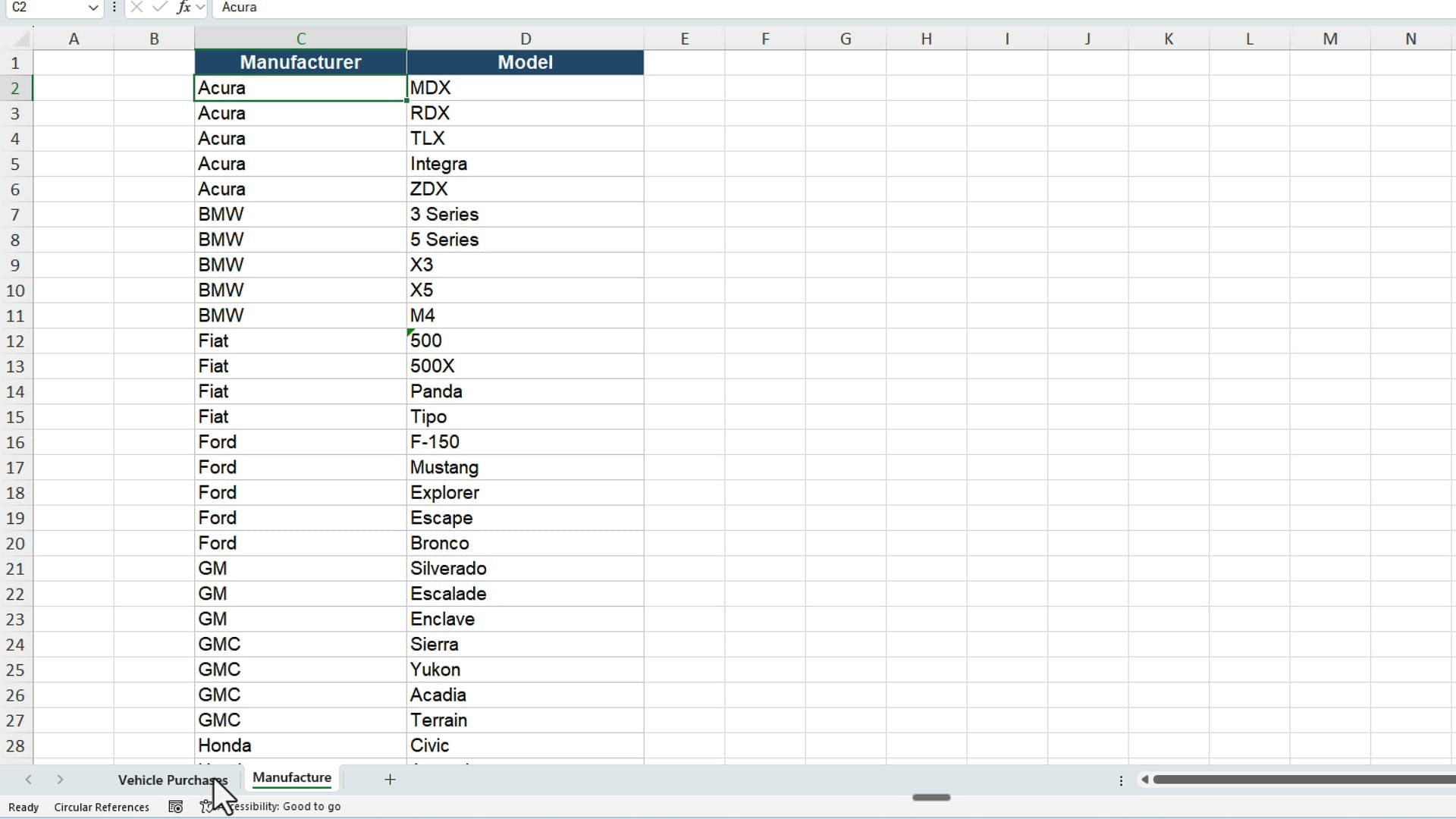 Excel Manufacture worksheet showing a Manufacturer column and a Model column with entries like Acura MDX and BMW X3