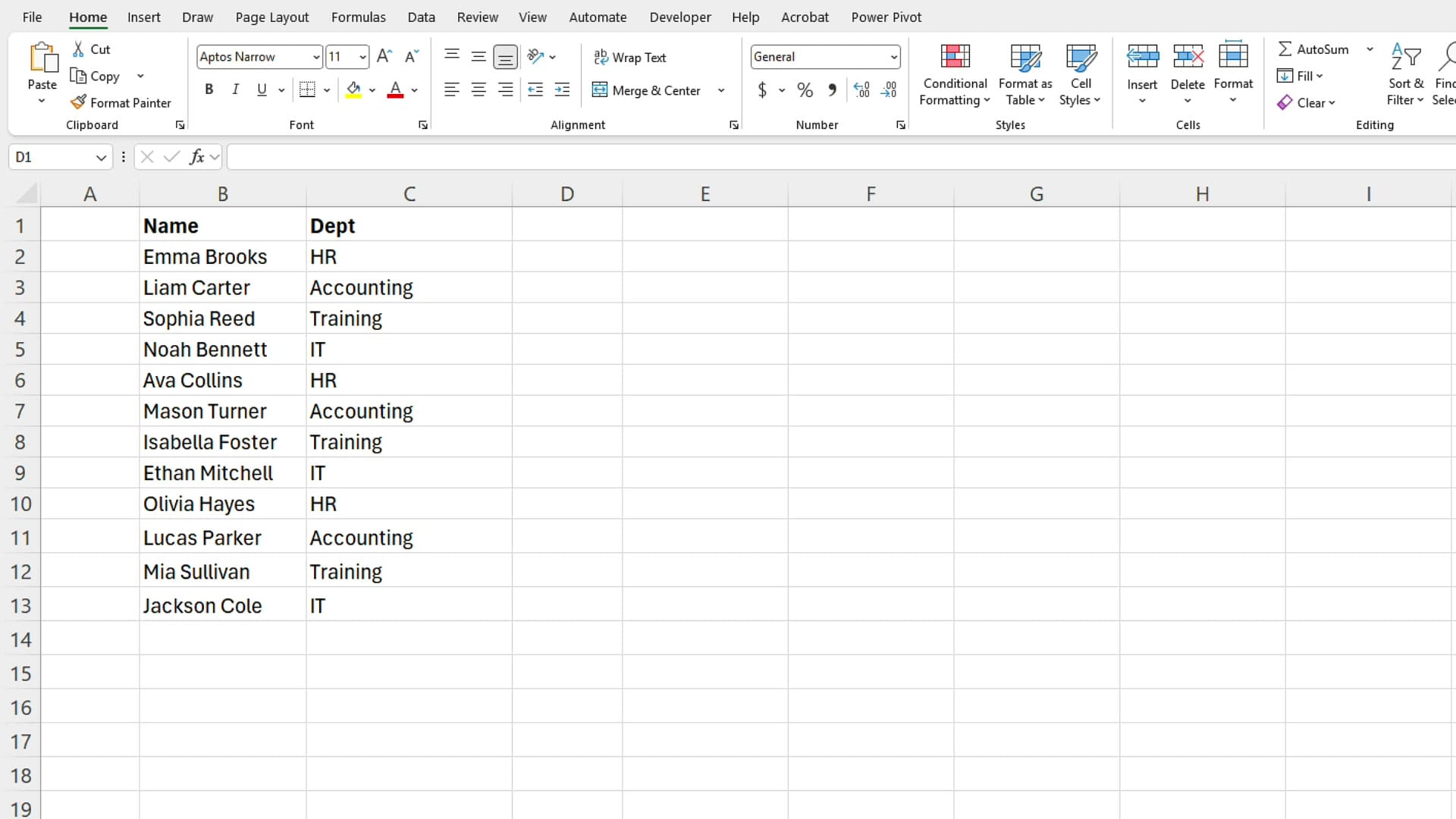Excel worksheet with employee names in column B and department names in column C, rows 2 through 13