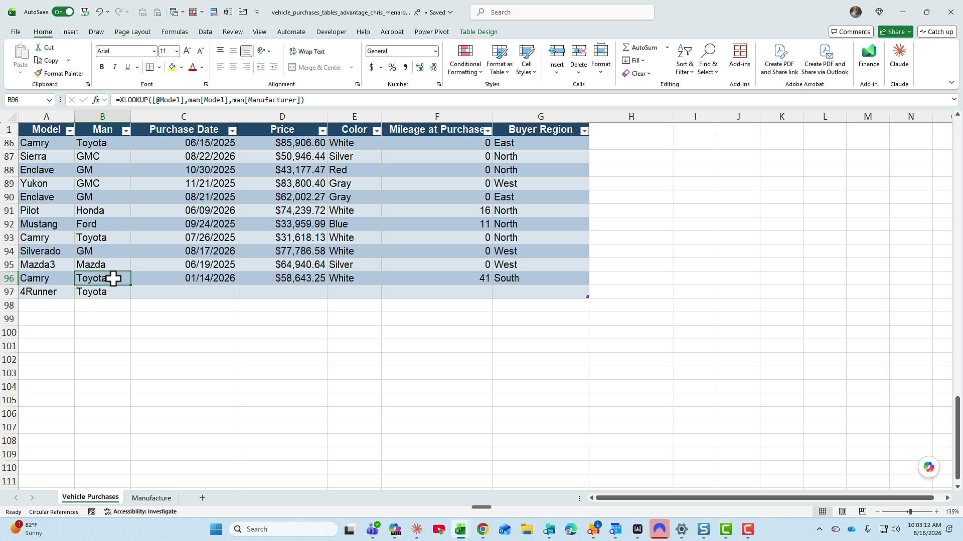 Excel vehicles table with row 97 showing 4Runner and Toyota resolved correctly after the lookup table expanded