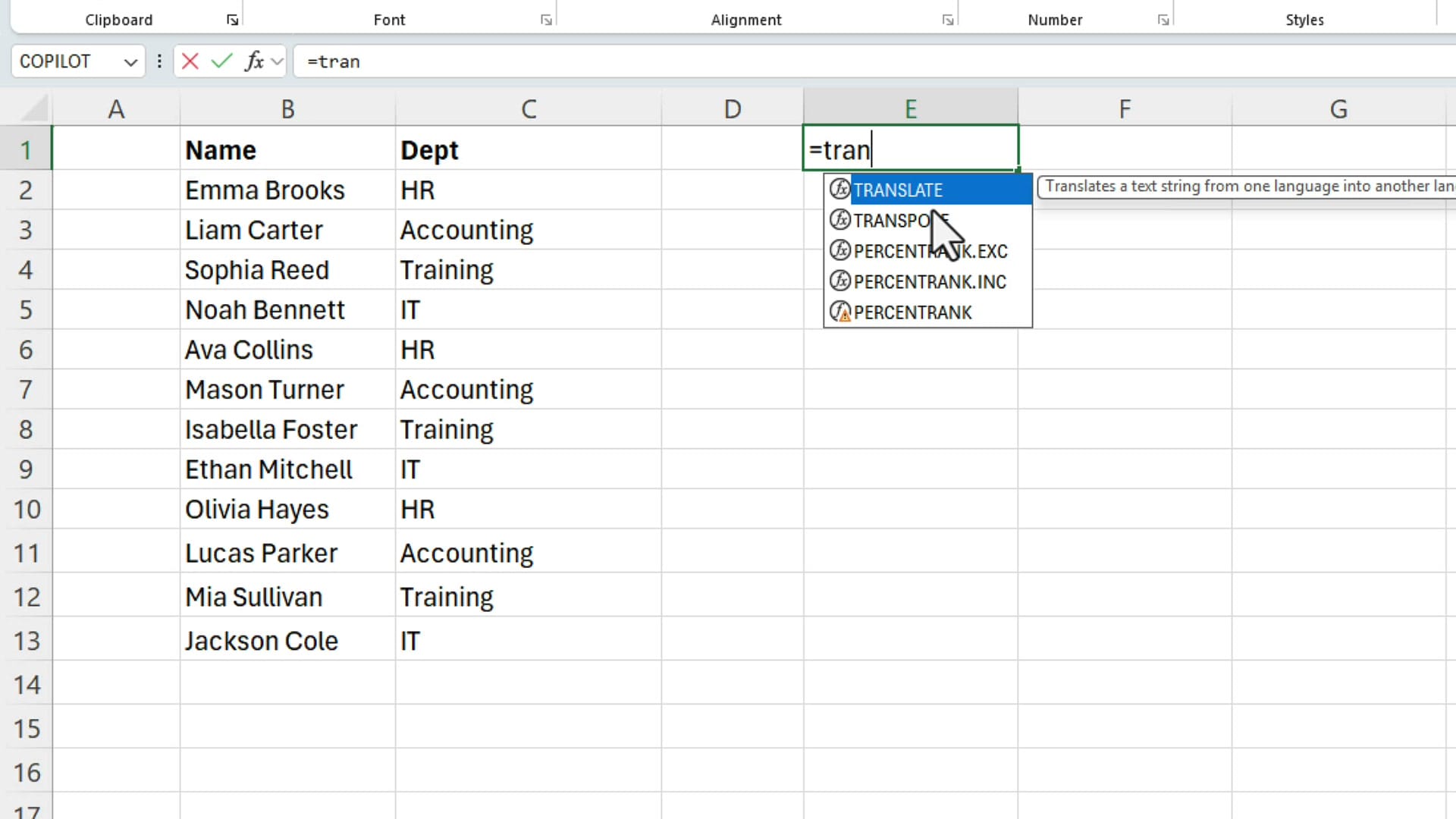 Typing =TRAN in Excel showing the function autocomplete list with TRANSLATE and TRANSPOSE