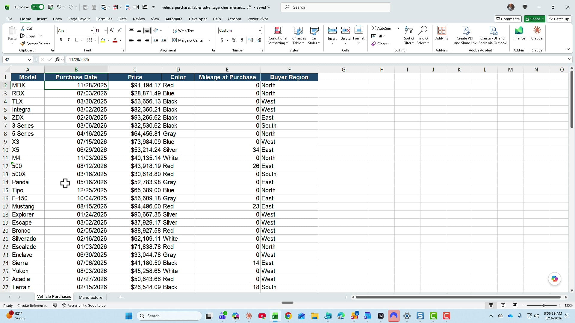 Excel Vehicle Purchases worksheet with car models in column A and purchase date, price, color, mileage, and buyer region columns