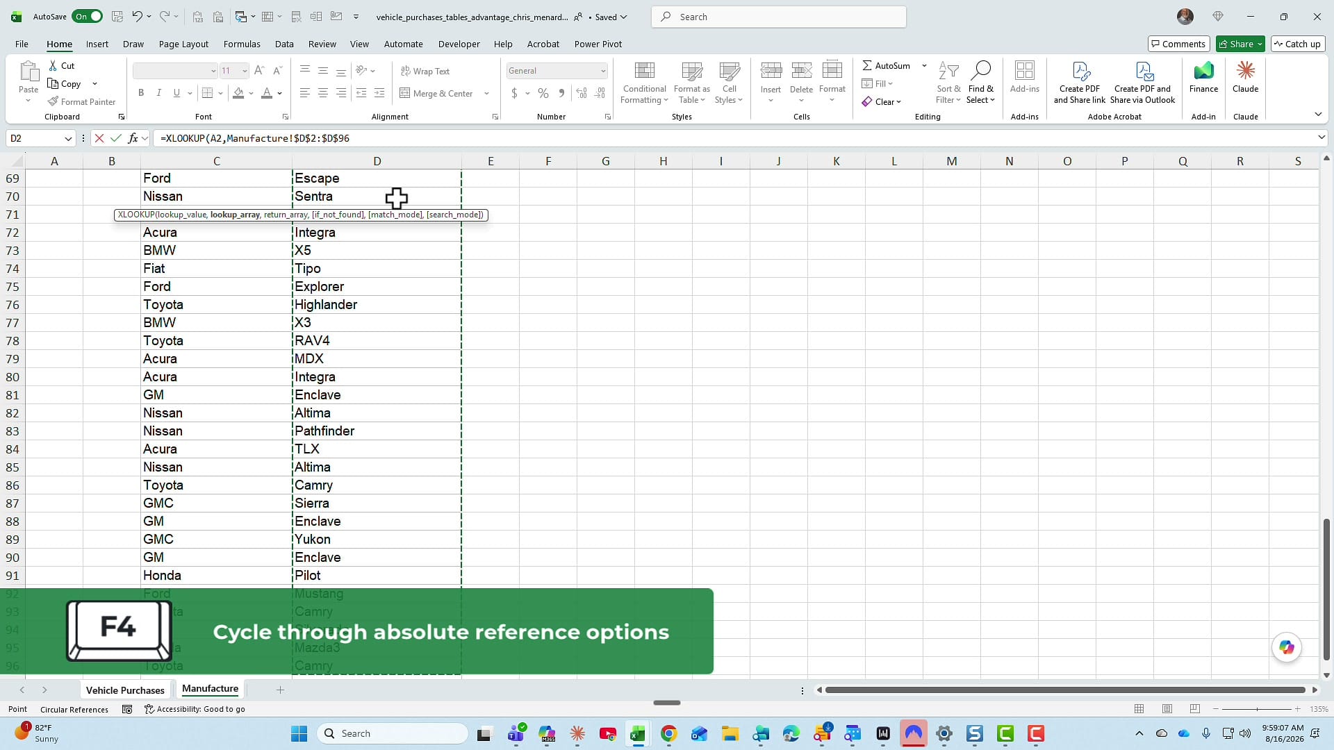 Building an XLOOKUP formula in Excel with an F4 keyboard callout reading Cycle through absolute reference options