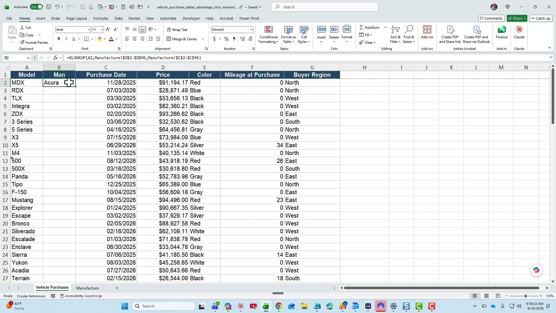 Excel worksheet showing the completed XLOOKUP range formula in the formula bar returning Acura in cell B2