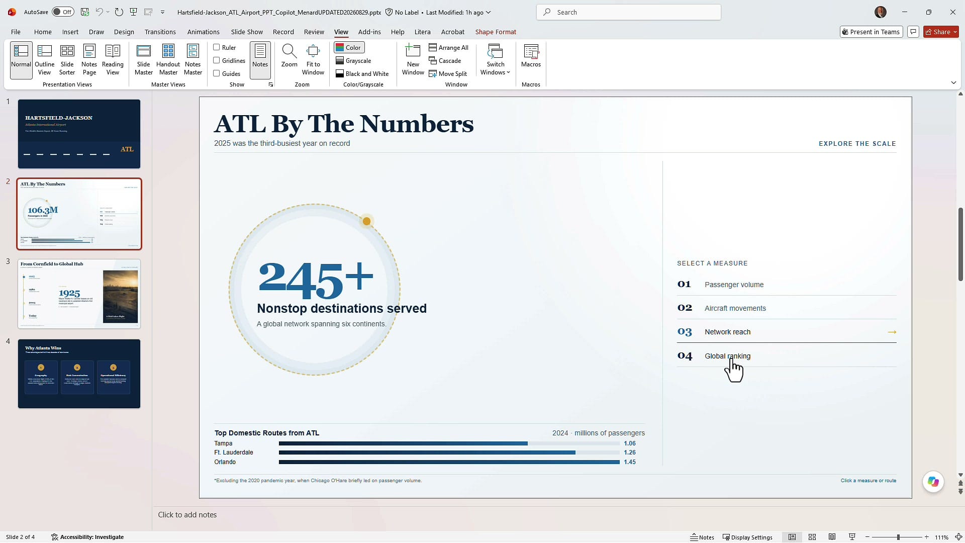 Interactive PowerPoint slide with a numbered measure list on the right and a large circle showing 245+ nonstop destinations
