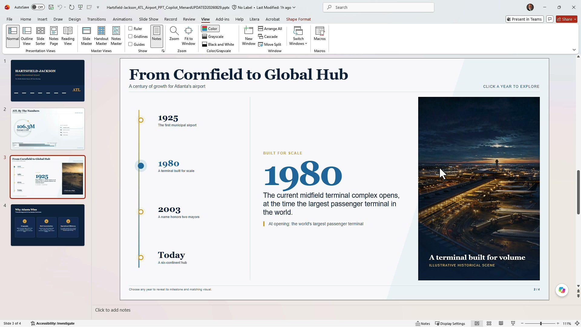 Interactive timeline slide with 1980 selected showing terminal complex text and a matching night photo of an airport terminal
