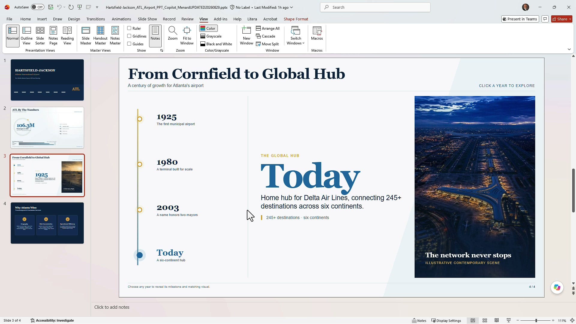 The same interactive timeline slide with Today selected showing a different aerial airport photo