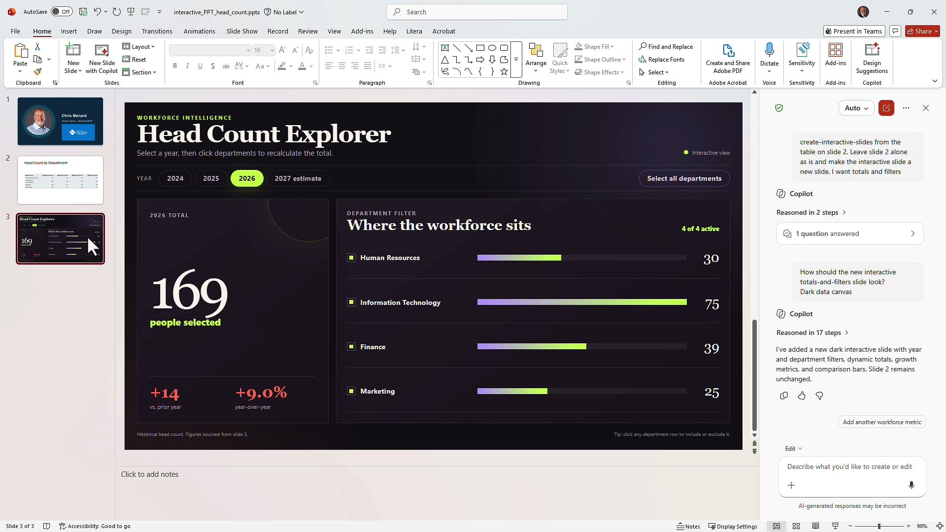 Head Count Explorer interactive slide showing 2026 selected, 169 people selected, and four department bars