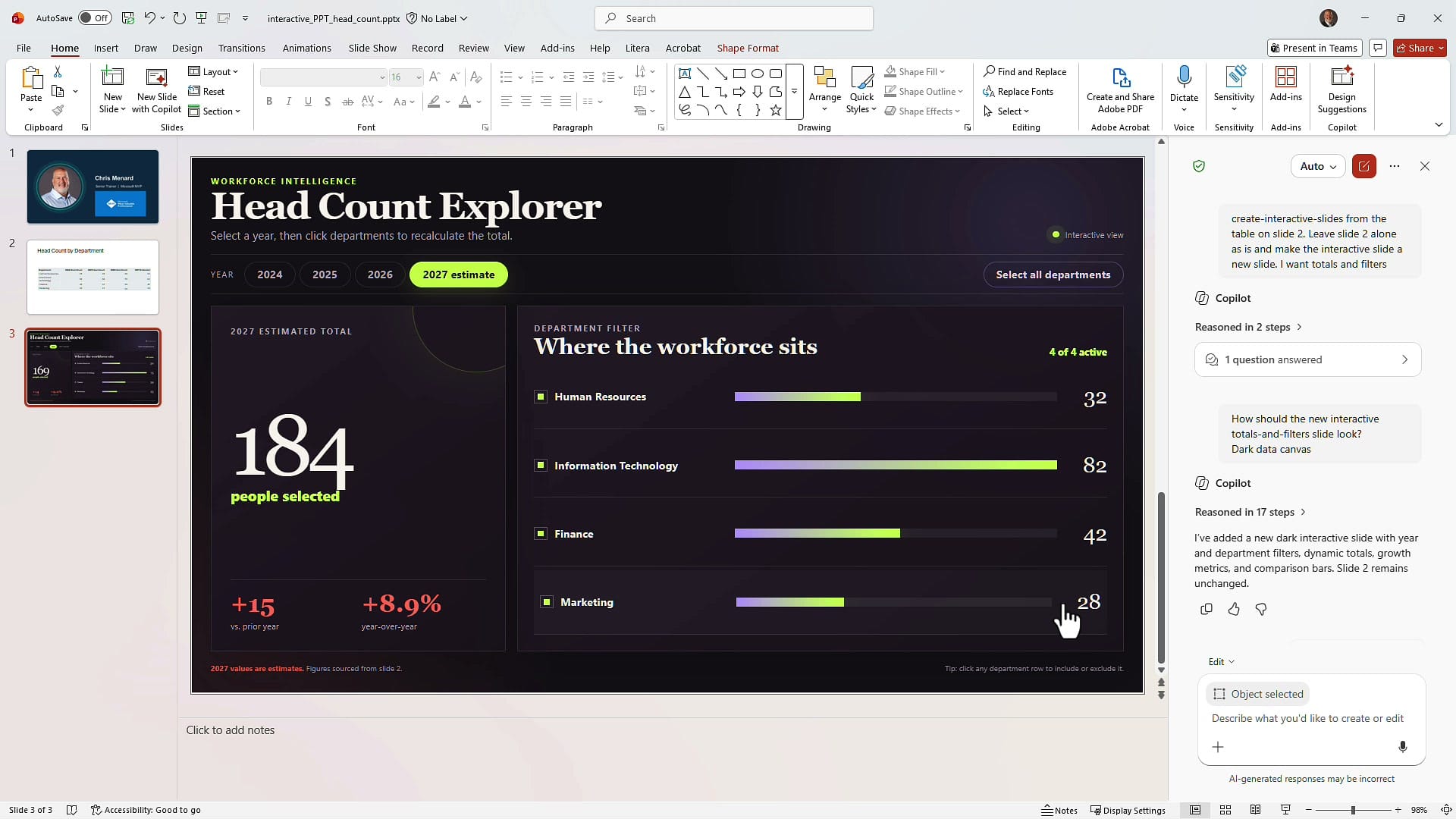Head Count Explorer interactive slide with 2027 estimate selected showing 184 people and an 8.9 percent increase