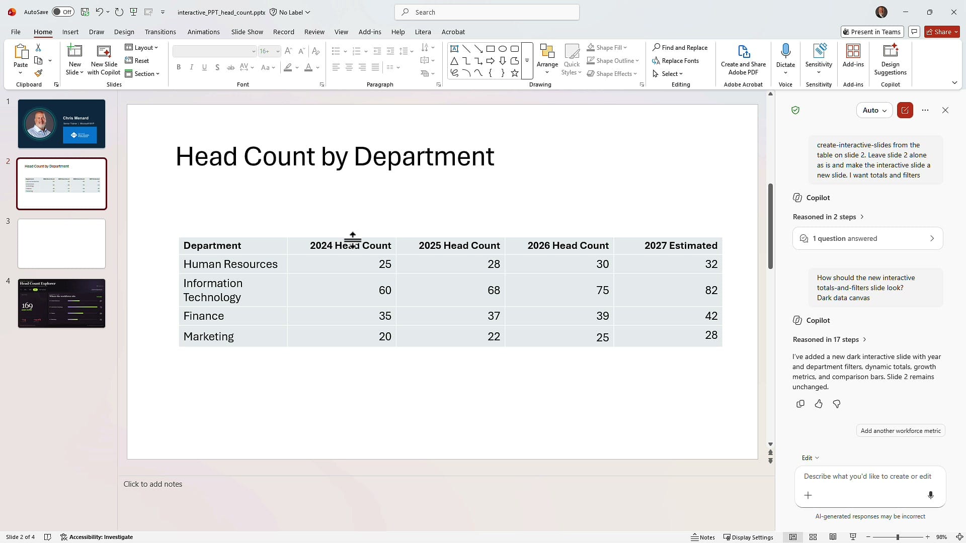 PowerPoint slide with a Head Count by Department table and the Copilot pane showing the create-interactive-slides prompt