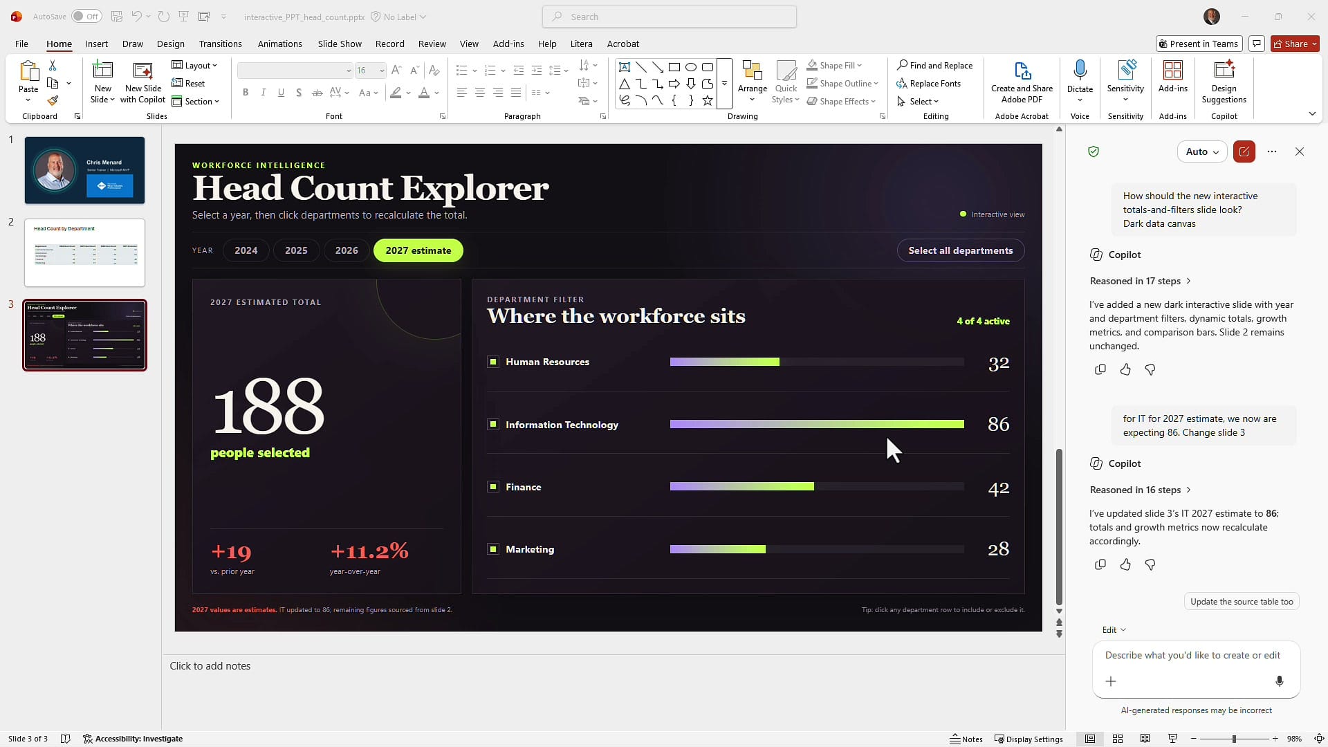 Head Count Explorer showing 188 people selected with Information Technology at 86 after the Copilot update