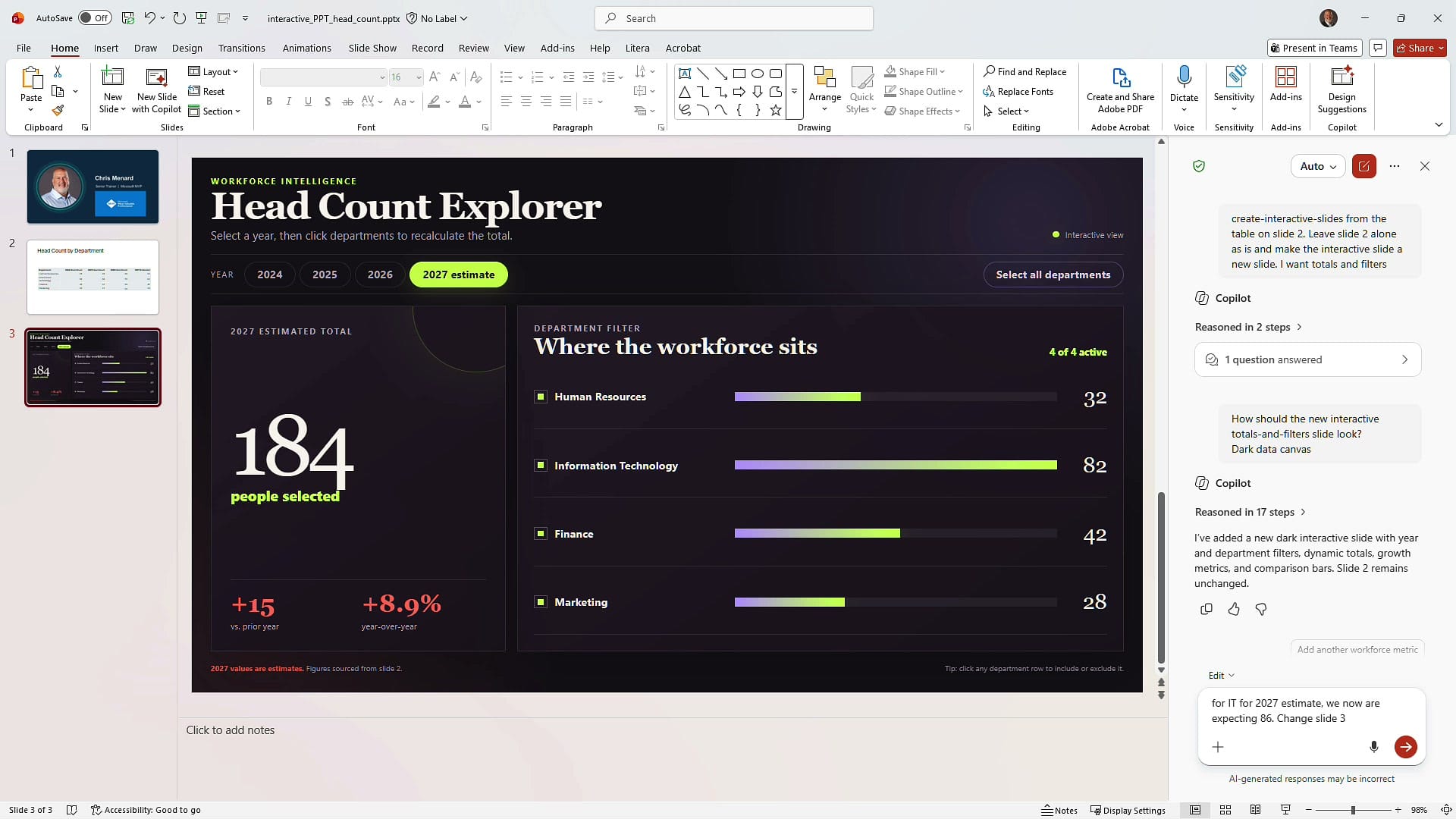 Copilot prompt box in PowerPoint with an instruction to change the IT 2027 estimate to 86 on slide 3