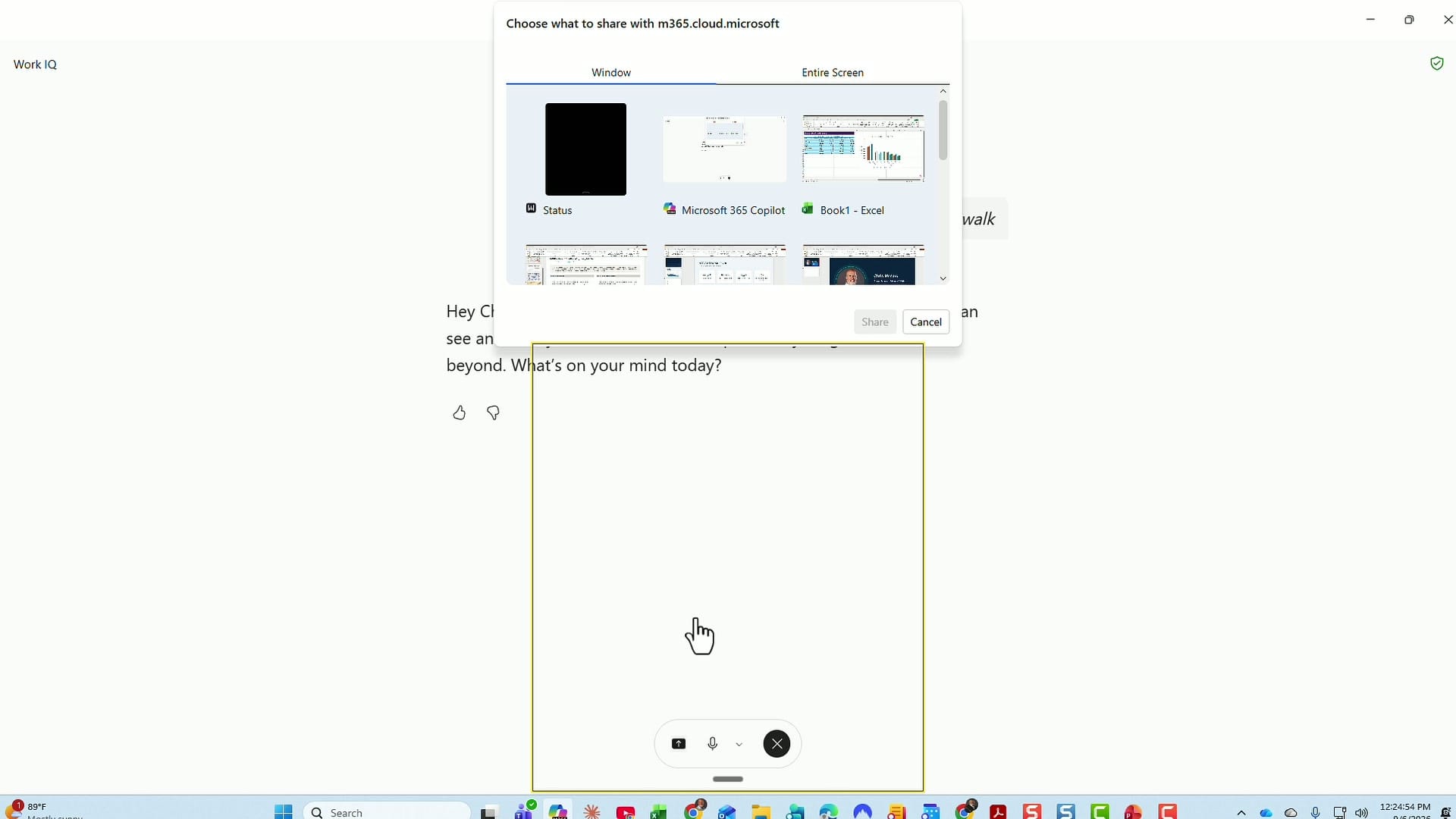 The Choose what to share dialog box with Window and Entire Screen tabs