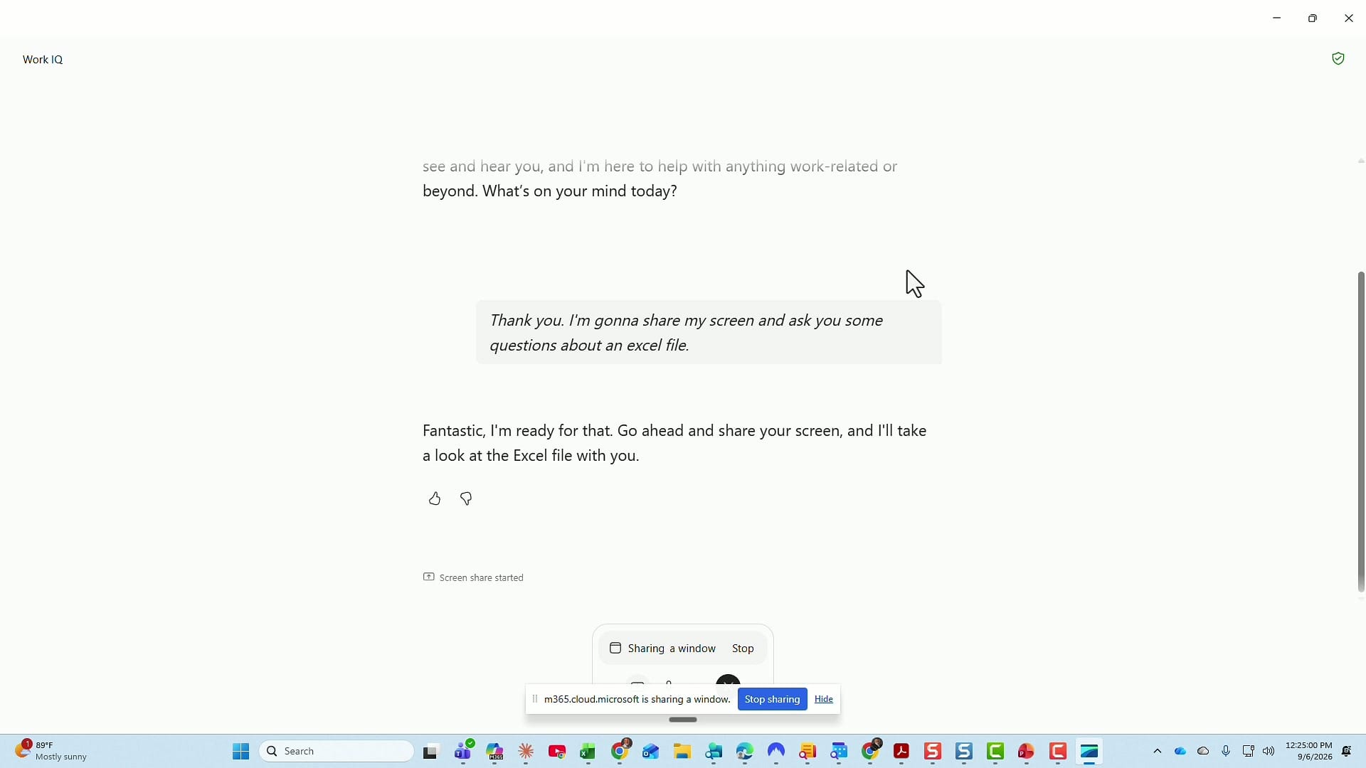 Screen share started message in Copilot chat with the Windows sharing bar visible