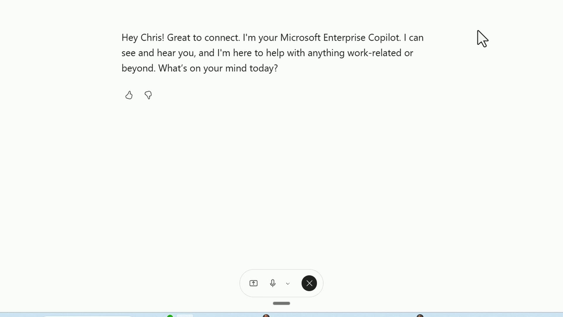 Copilot voice chat greeting with the voice toolbar at the bottom of the window