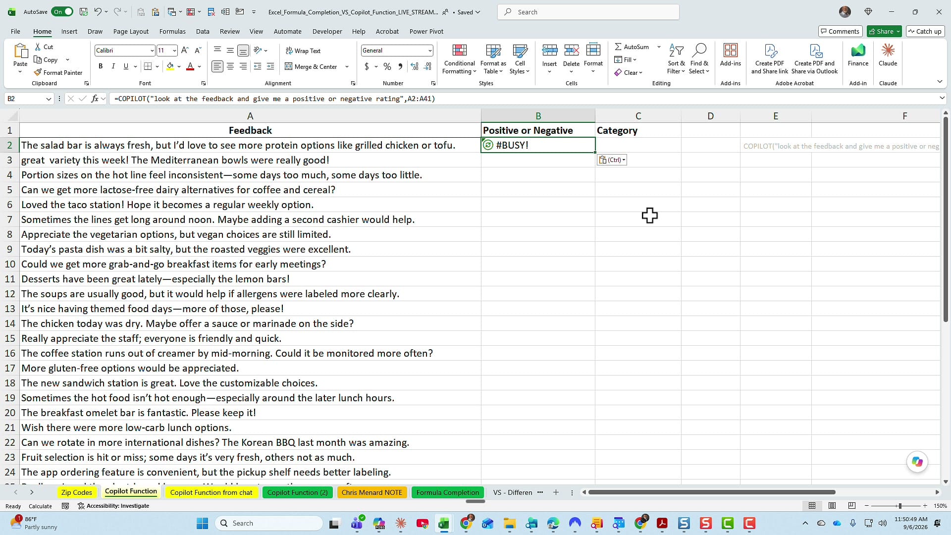 Excel showing the #BUSY! placeholder while the COPILOT function runs