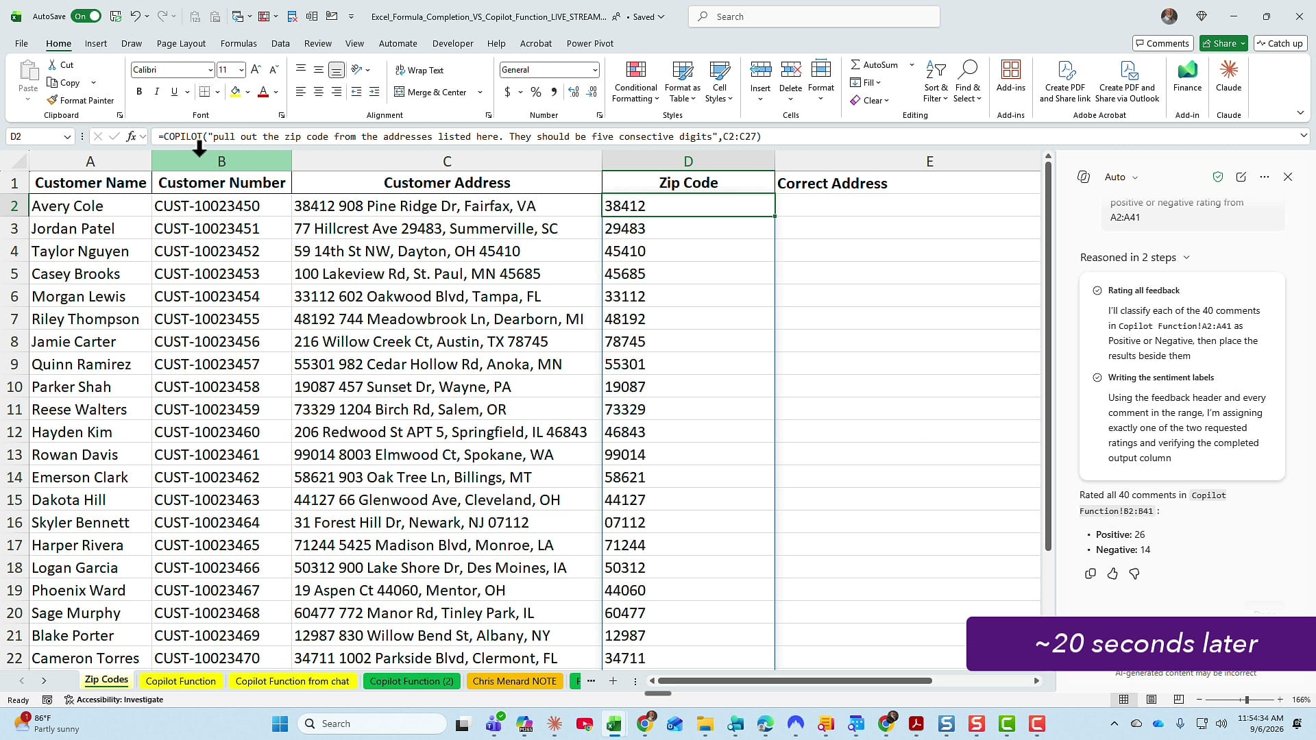 The COPILOT function extracting ZIP codes from messy addresses into column D