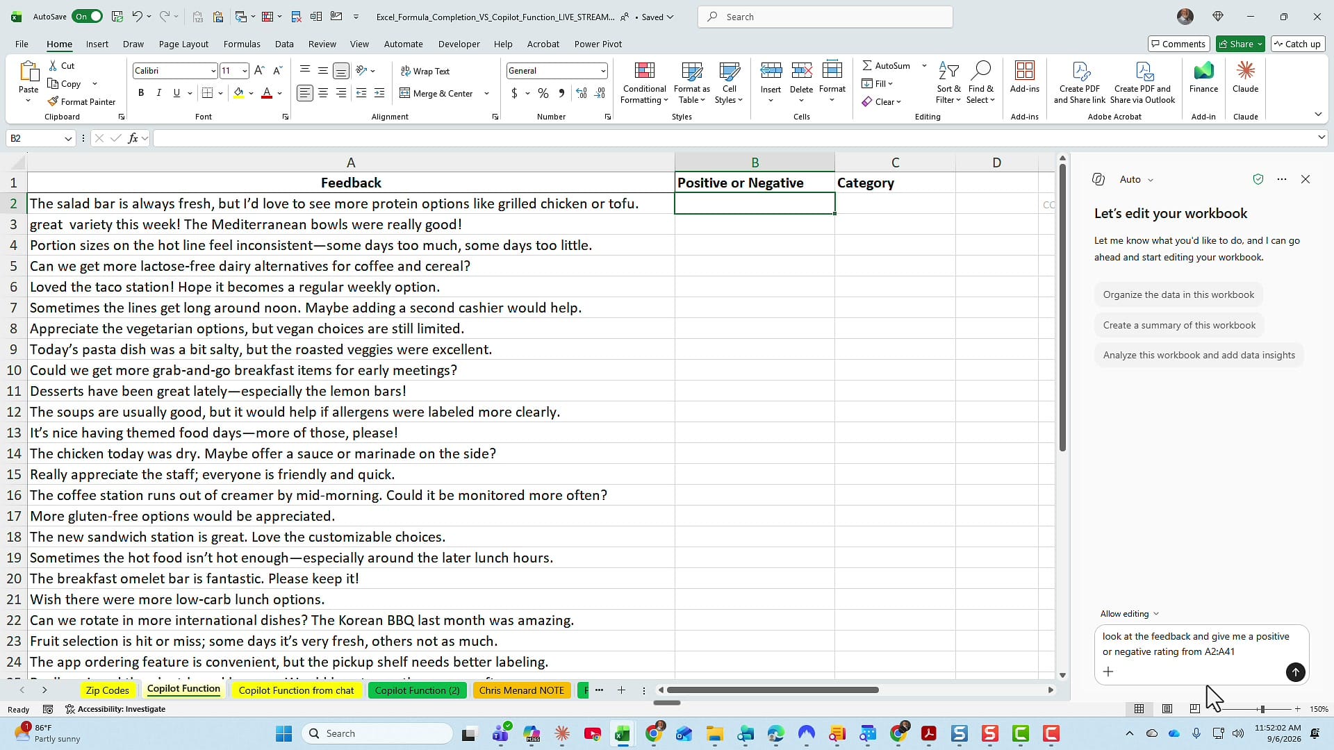 The Copilot in Excel task pane with the sentiment prompt typed and Allow editing turned on