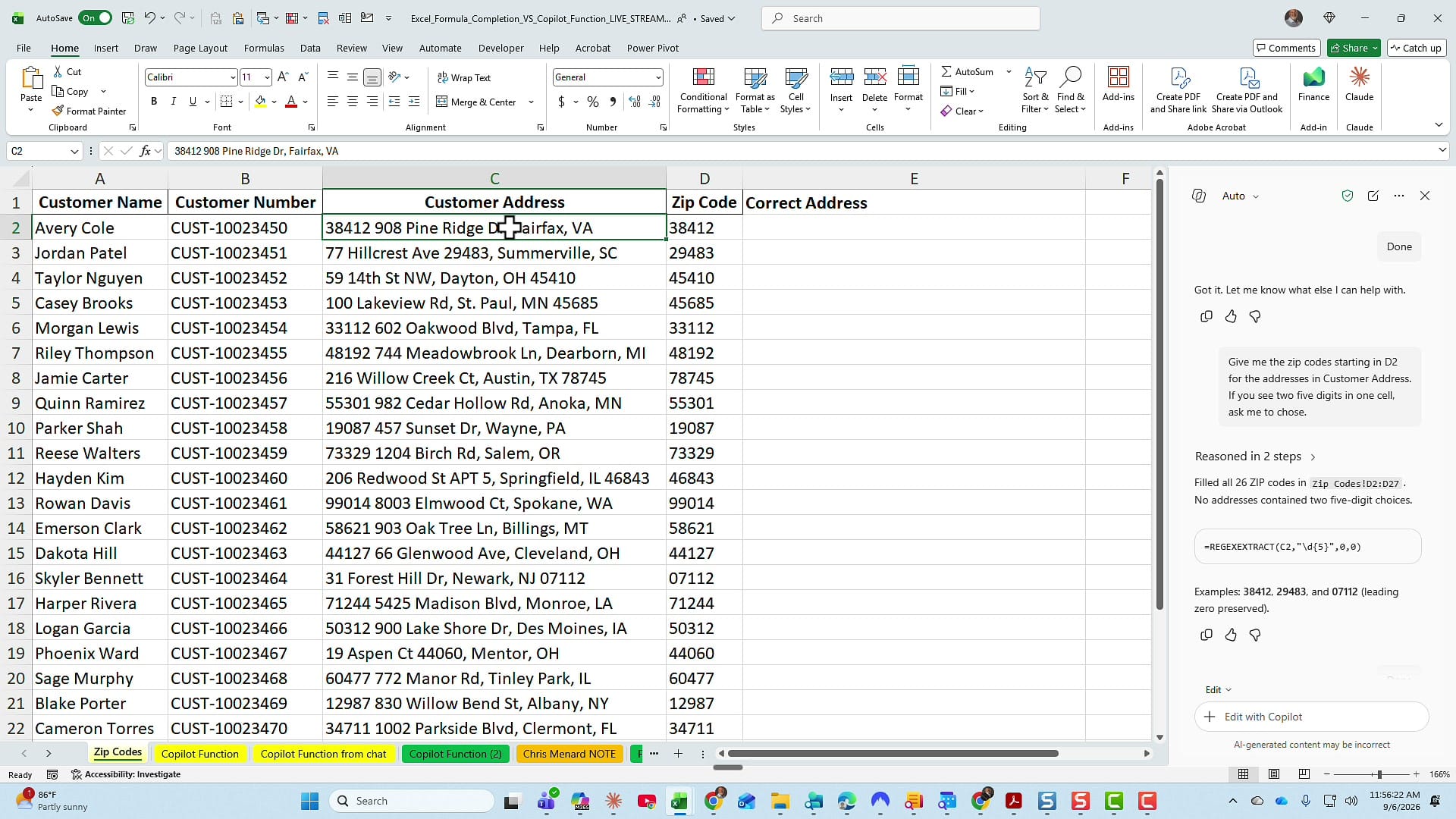 The Copilot pane showing the REGEXEXTRACT formula it wrote and the leading-zero confirmation