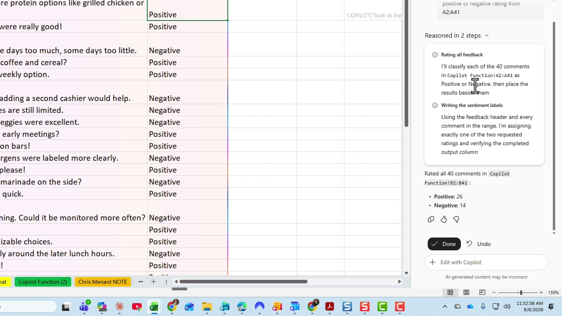 The Copilot pane showing 26 positive and 14 negative with a two-step reasoning summary